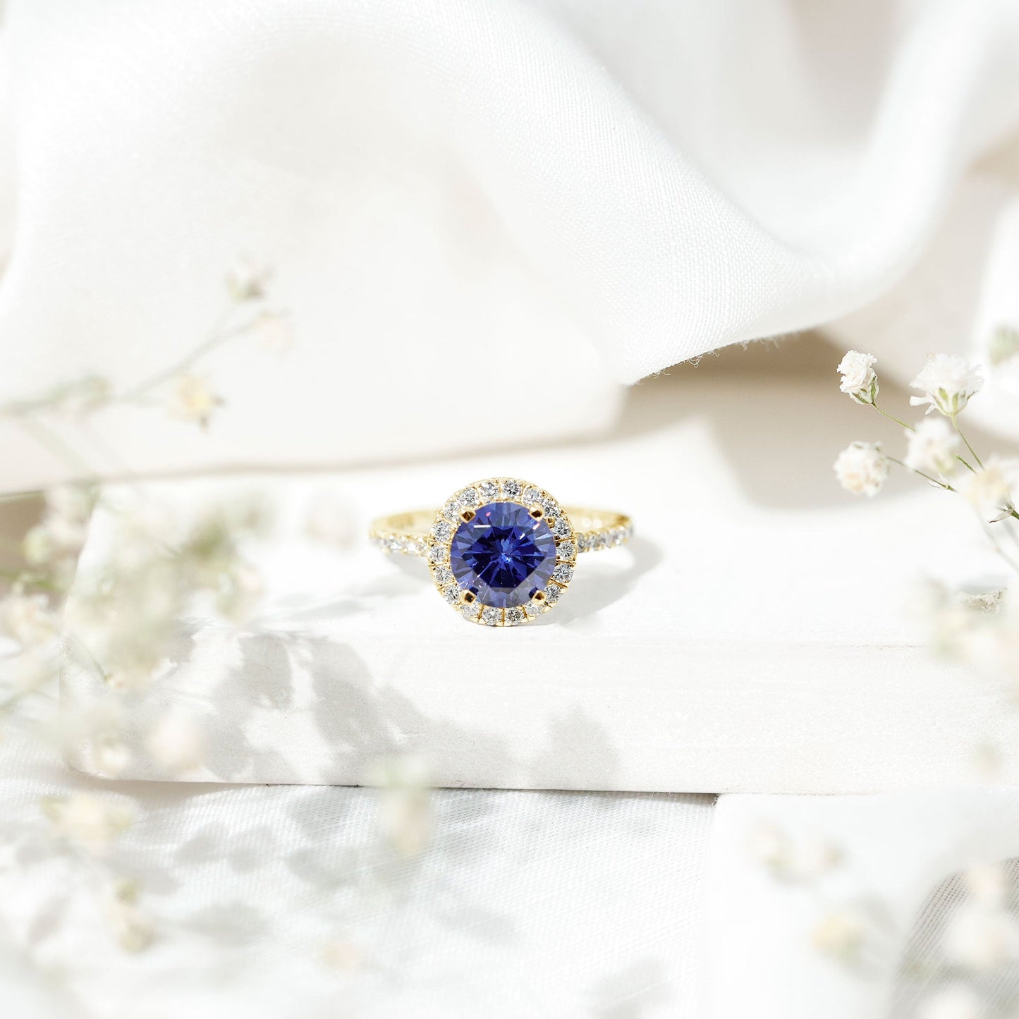 2.7 Carat Round Lab Created Blue Sapphire Classic Engagement Ring with Diamond Halo