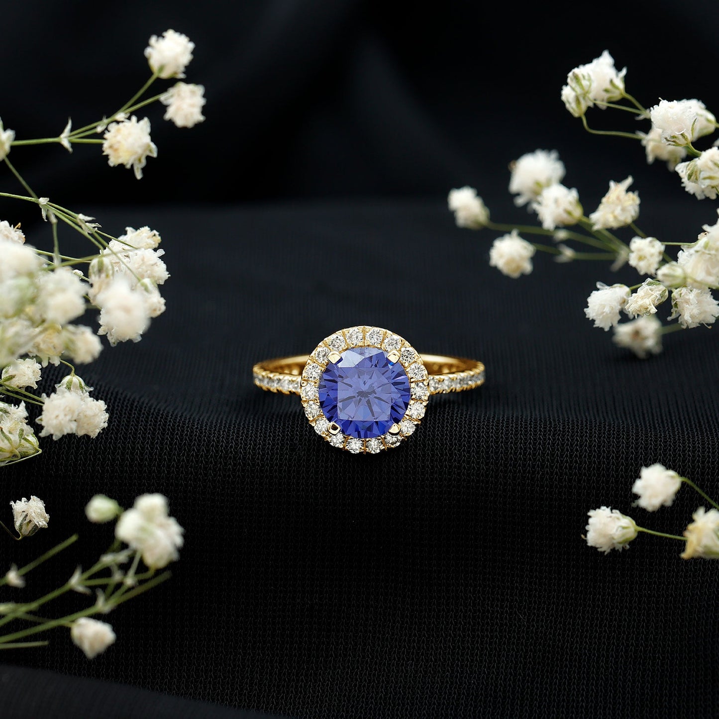 2.7 Carat Round Lab Created Blue Sapphire Classic Engagement Ring with Diamond Halo