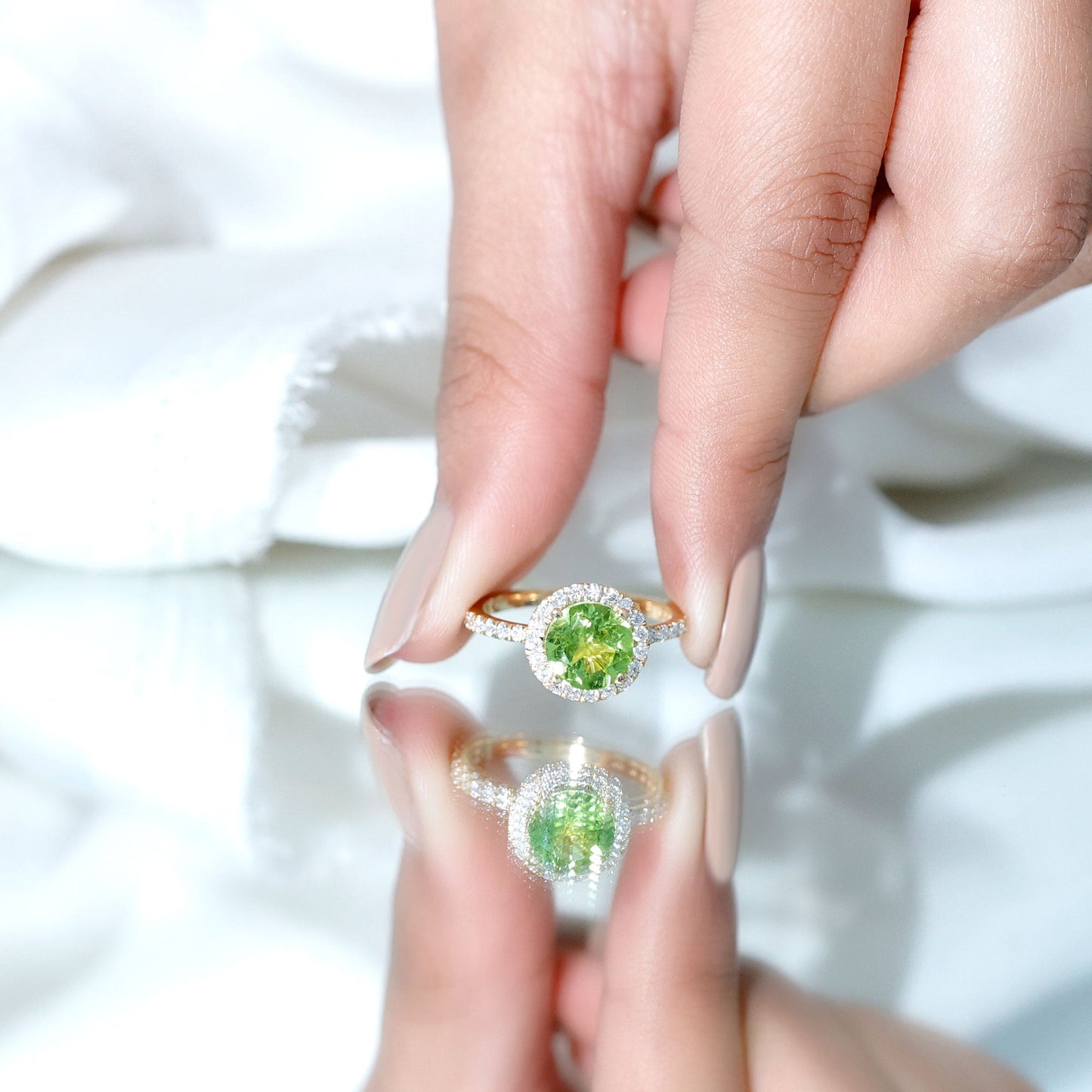 2 Carat Round Peridot Engagement Ring with Diamond Halo