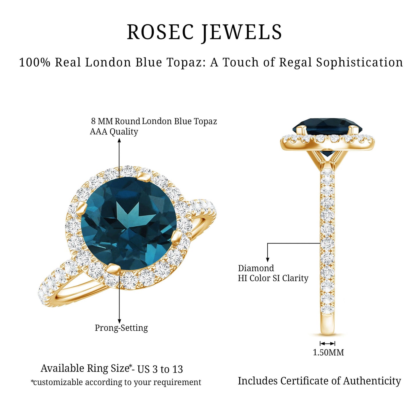 2 Carat London Blue Topaz Classic Engagement Ring with Diamond