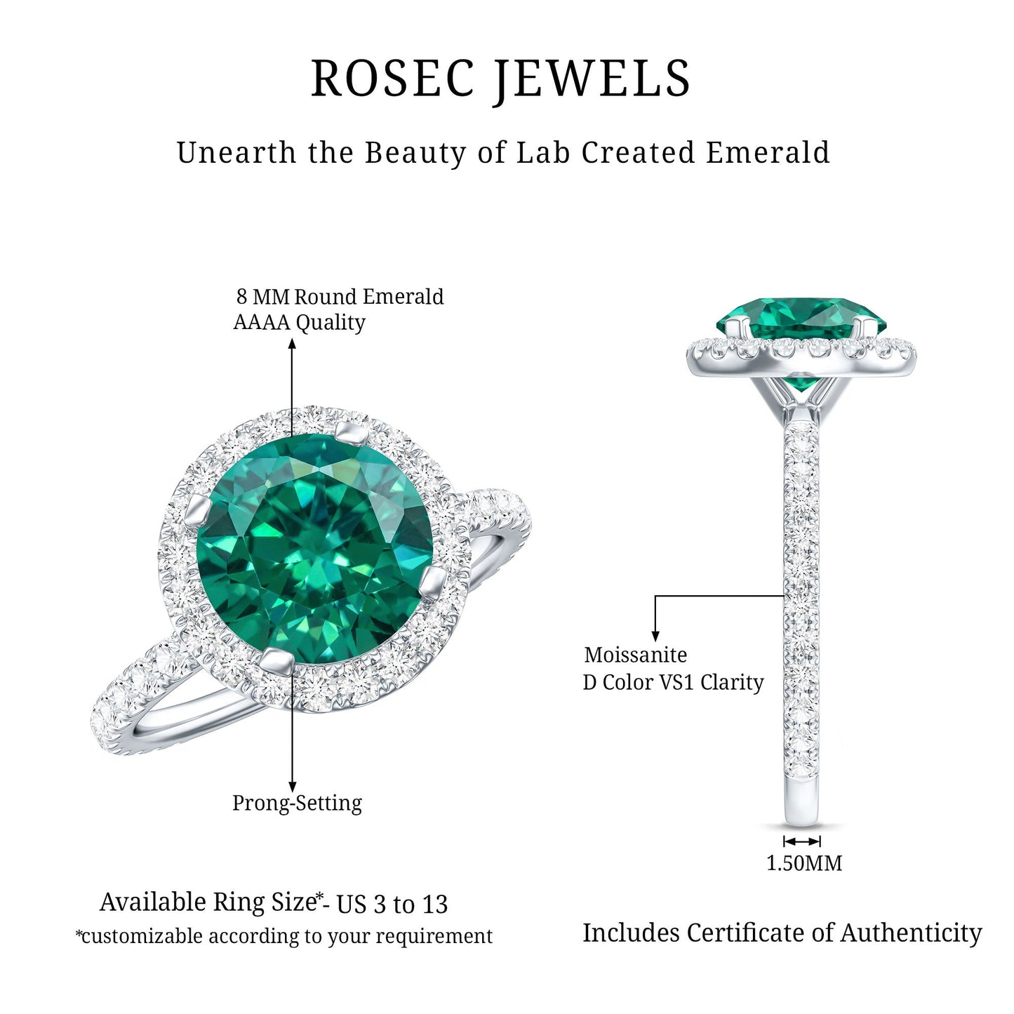 Certified 2 Carat Lab Grown Emerald Classic Engagement Ring with Halo