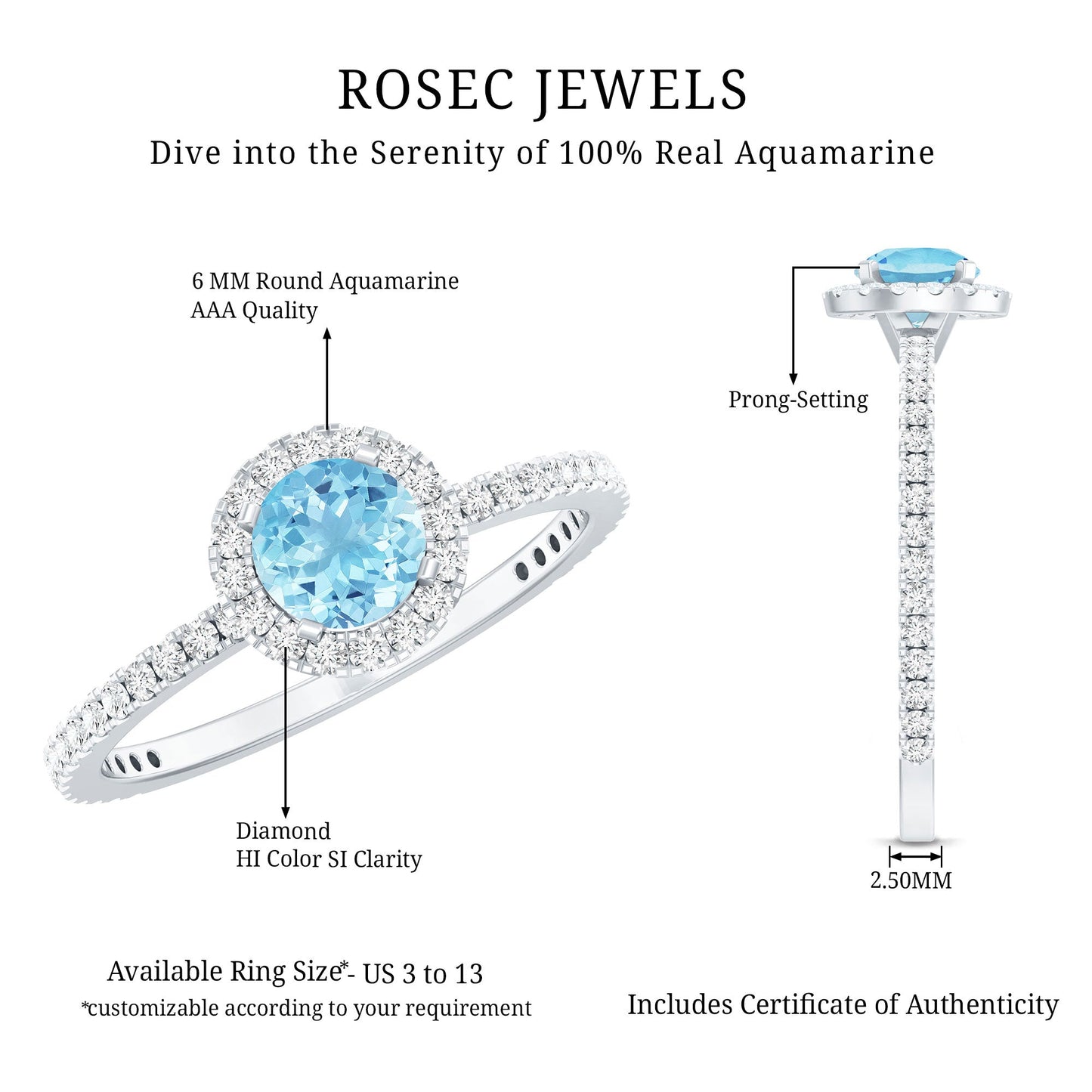 Genuine Blue Aquamarine Ring with Diamond Accent