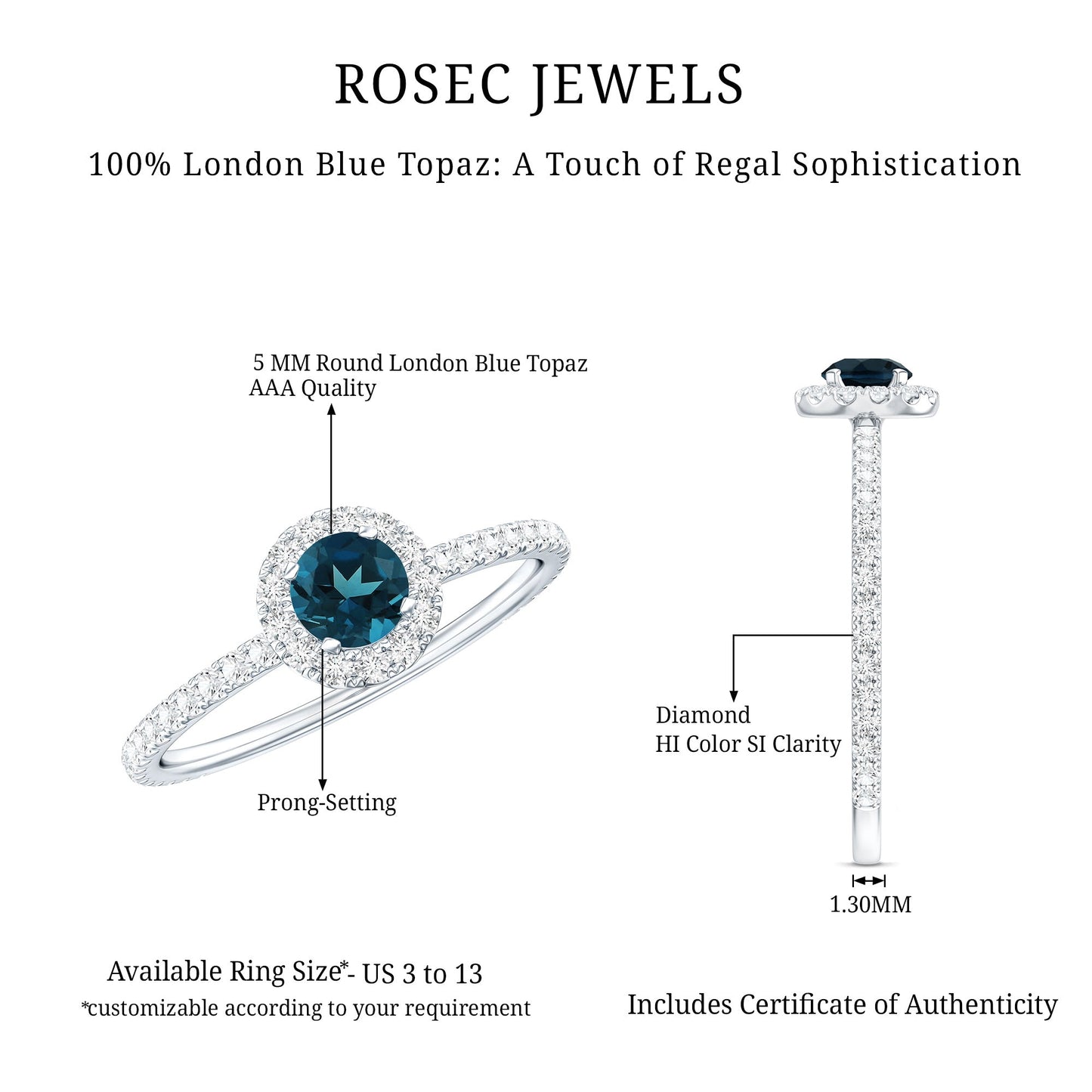 Round Shaped Blue Topaz and Diamond Minimal Engagement Ring