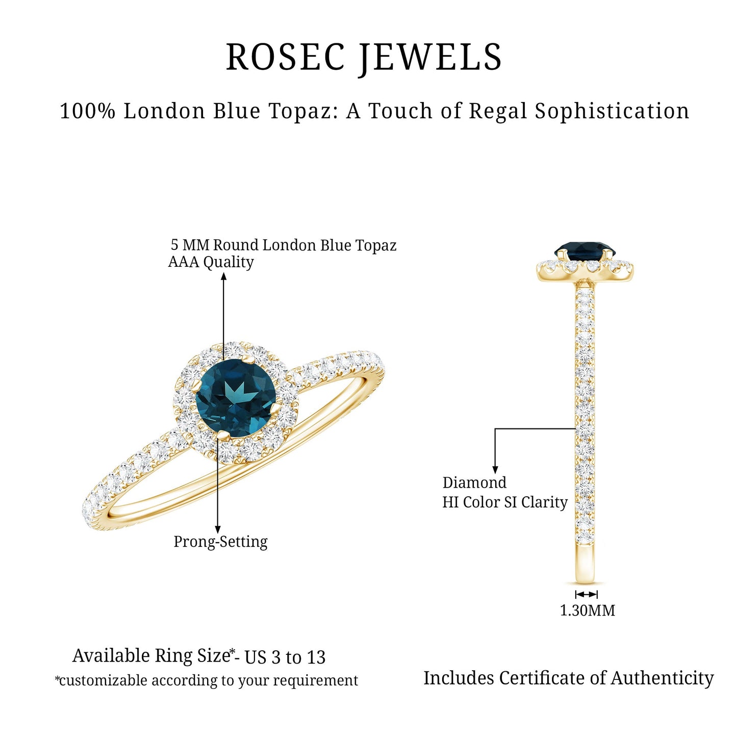 Round Shaped Blue Topaz and Diamond Minimal Engagement Ring