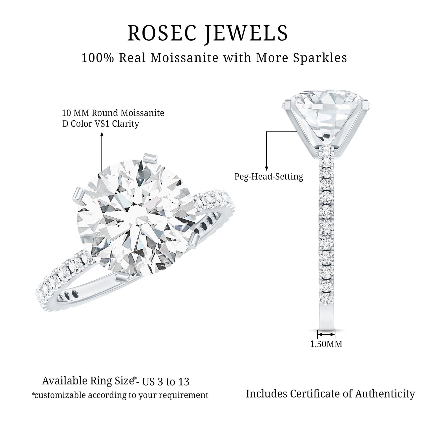 Certified Moissanite 10 MM Round Cut Engagement Ring