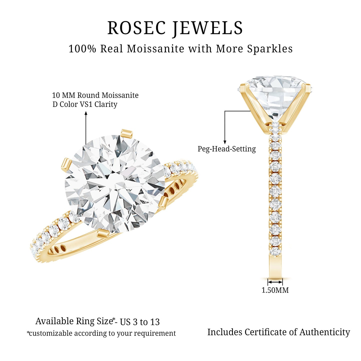 Certified Moissanite 10 MM Round Cut Engagement Ring