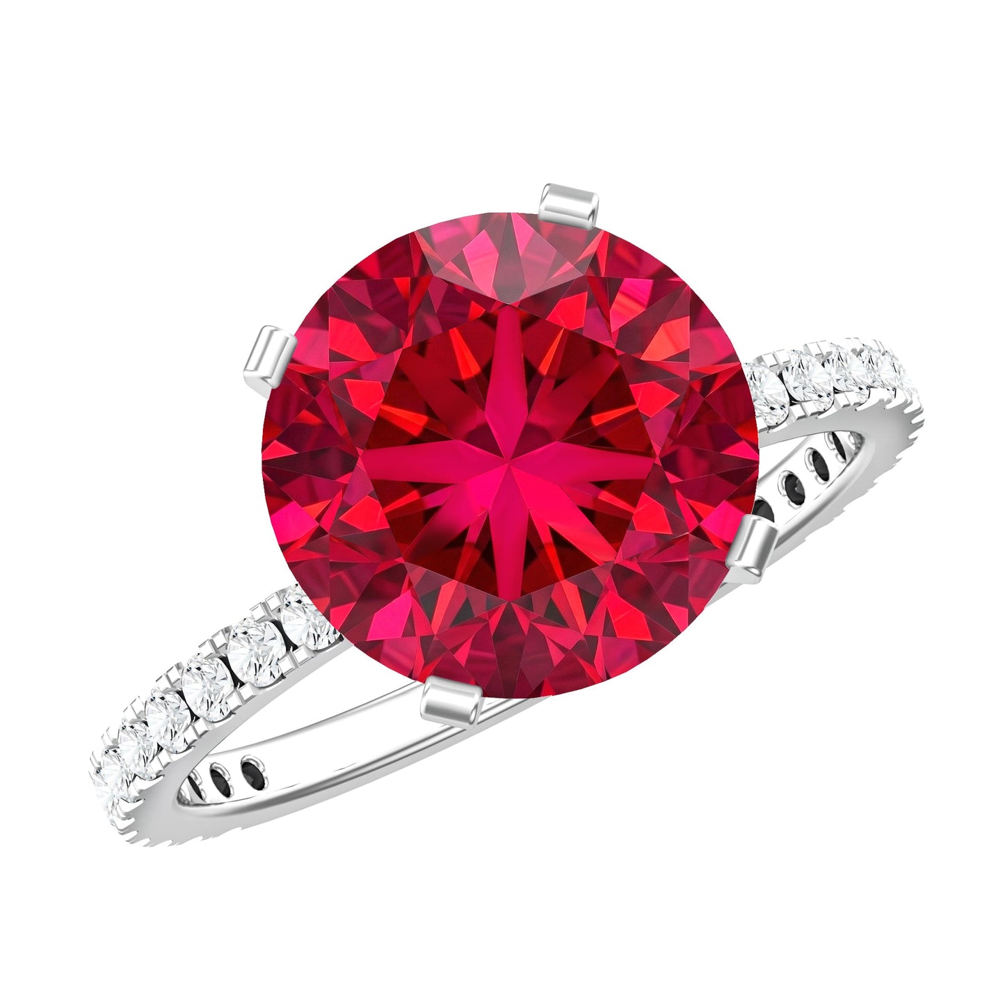 Round 5 Carat Lab Created Ruby Huge Engagement Ring with Diamond Side Stones