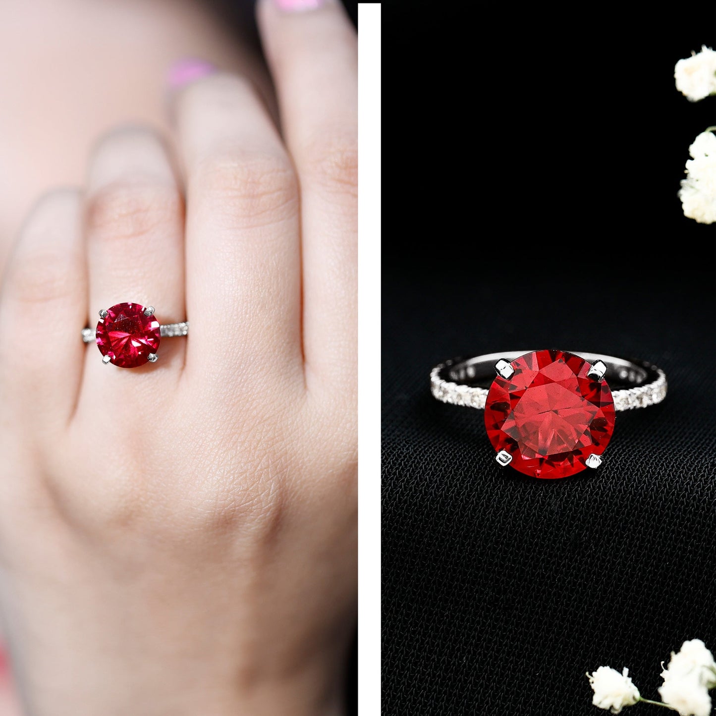 Round 5 Carat Lab Created Ruby Huge Engagement Ring with Diamond Side Stones