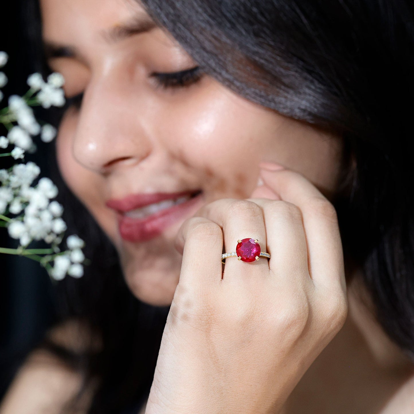 Round 5 Carat Lab Created Ruby Huge Engagement Ring with Diamond Side Stones