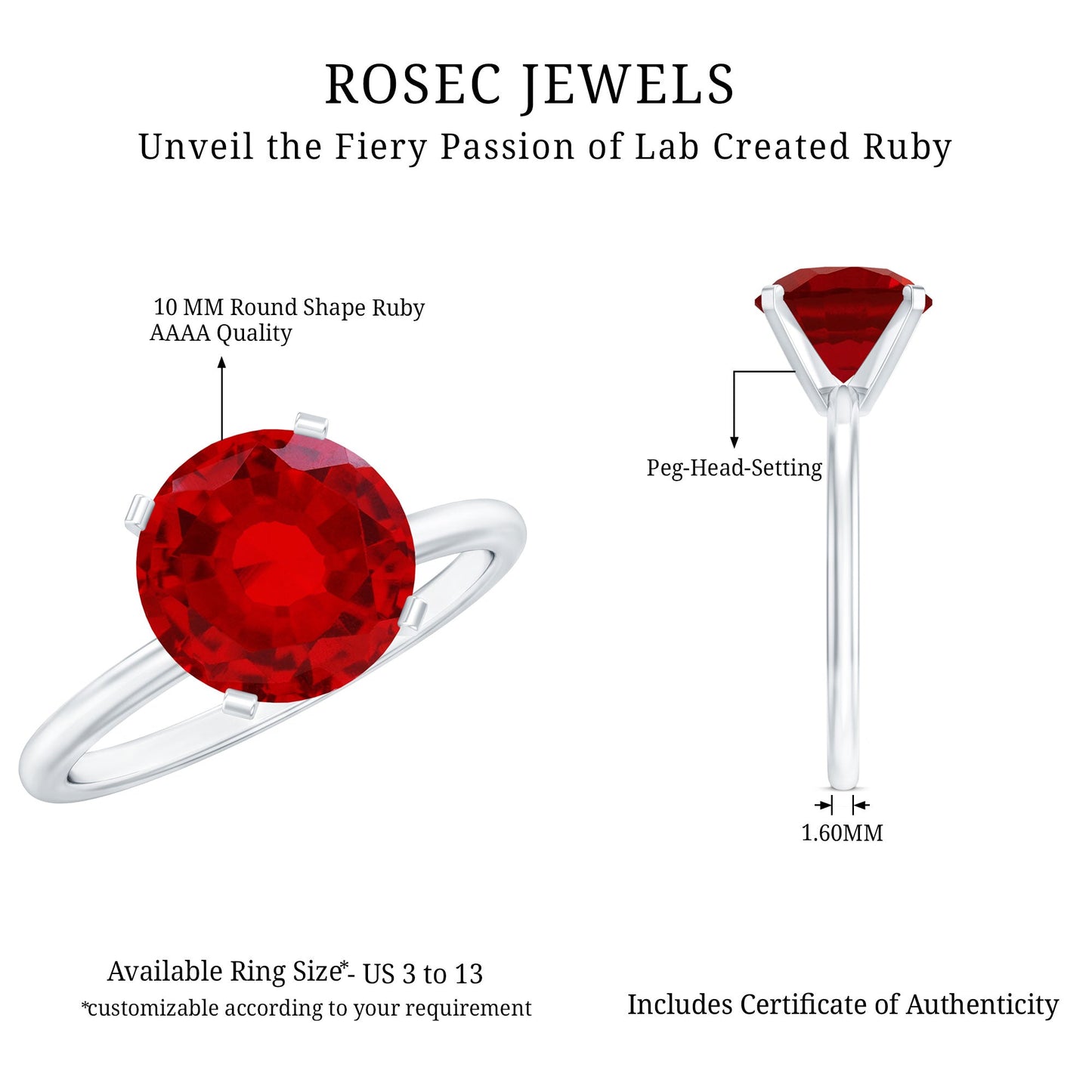 Solitaire Lab Grown 5 Carat Ruby Engagement Ring with Certificate