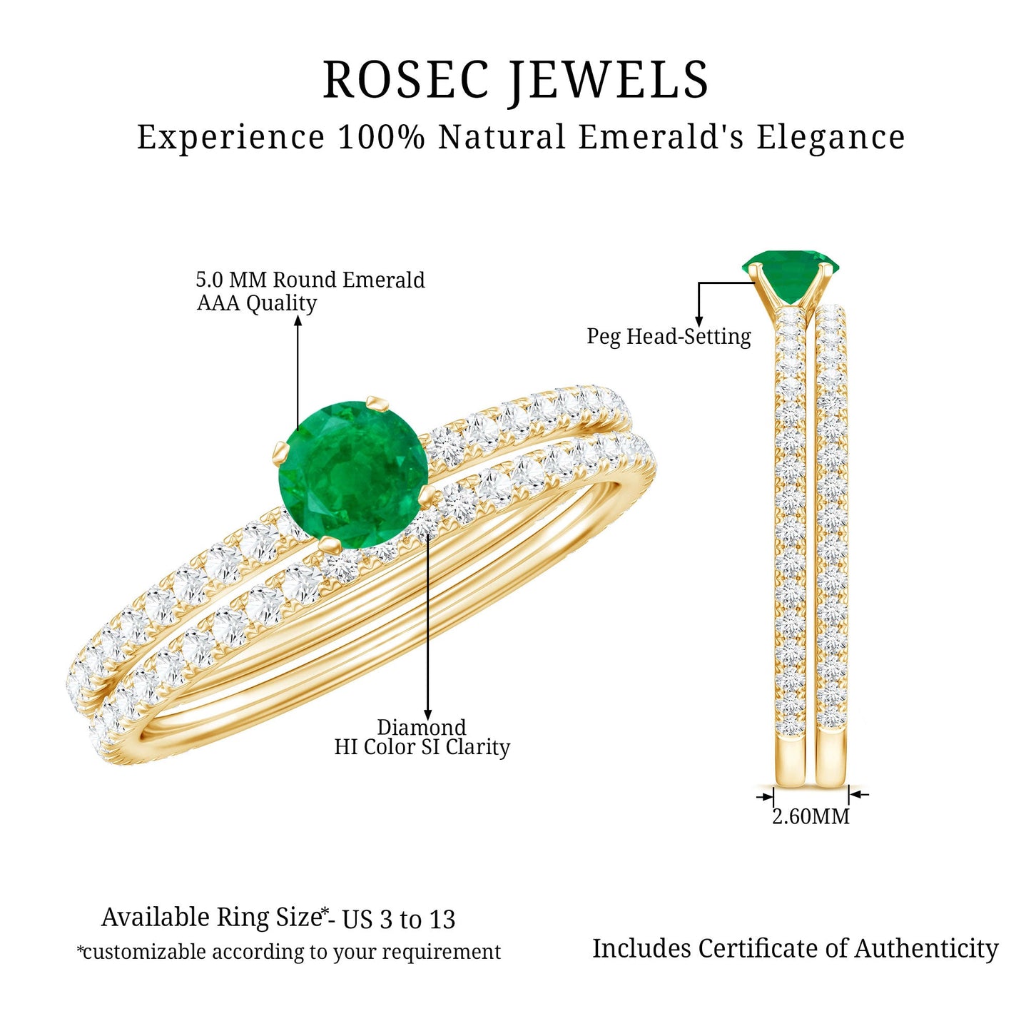 0.4 Carat Minimal Emerald Diamond Wedding Engagement Ring Set of 2