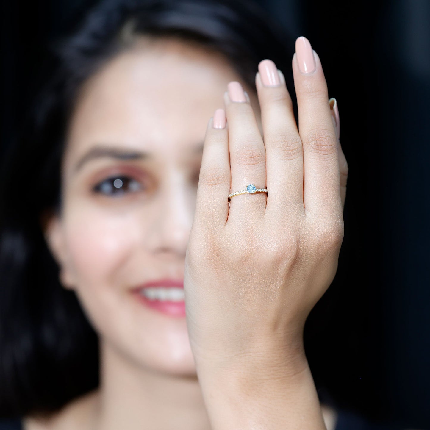 Real Aquamarine Solitaire Ring with Diamond Side Stones