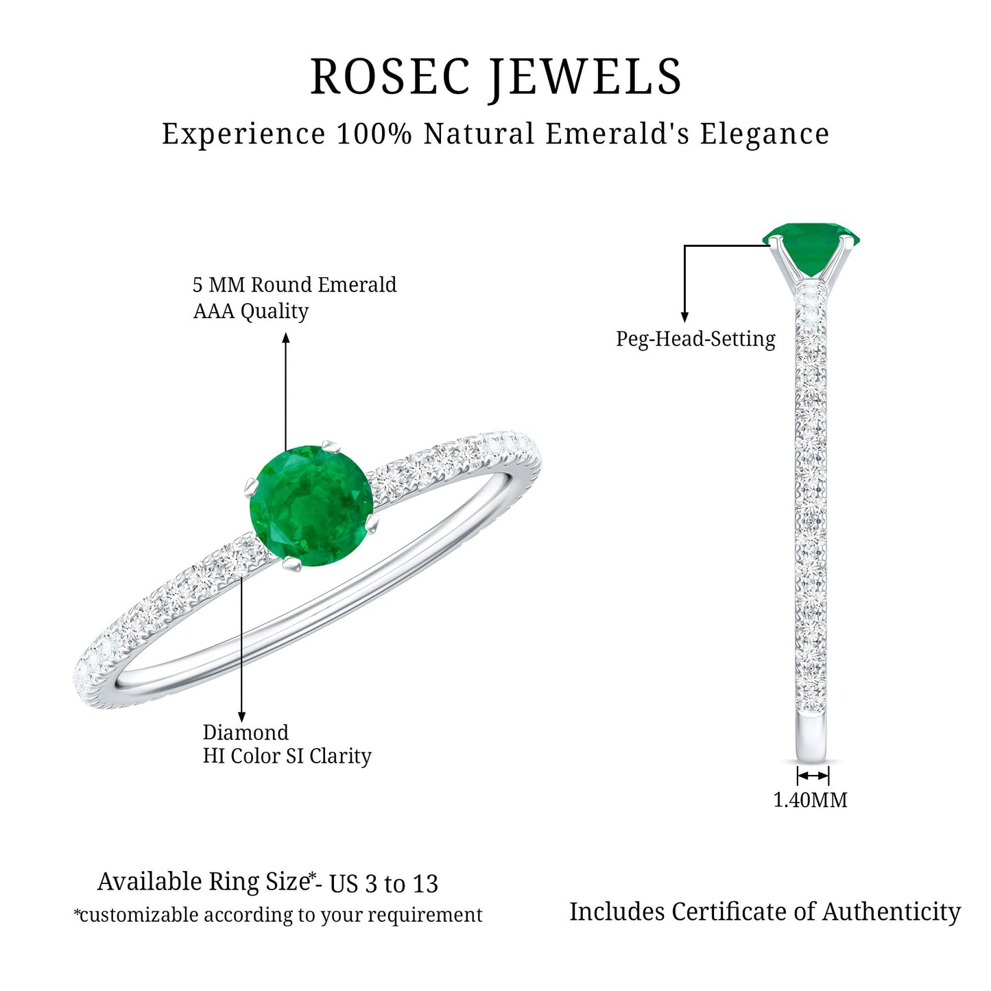 0.49 Carat Emerald Dainty Solitaire Ring with French Pave Set Diamond