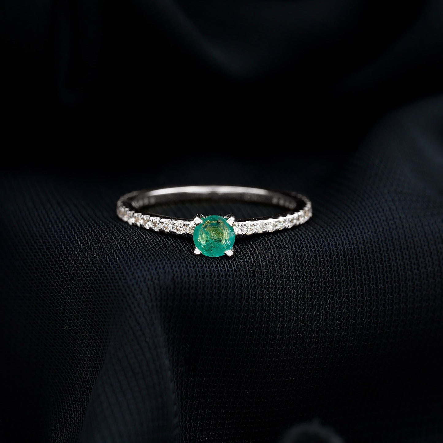 0.49 Carat Emerald Dainty Solitaire Ring with French Pave Set Diamond