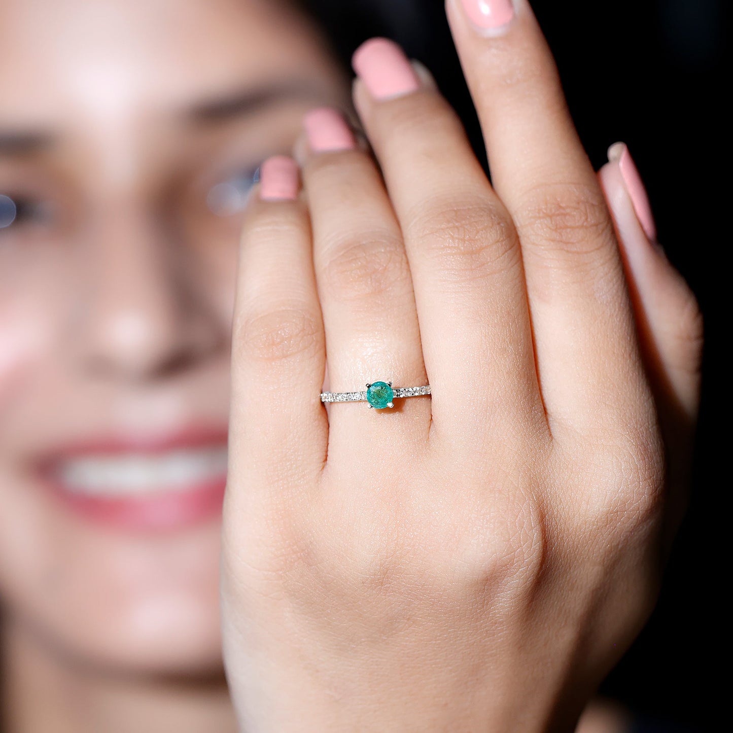 0.49 Carat Emerald Dainty Solitaire Ring with French Pave Set Diamond