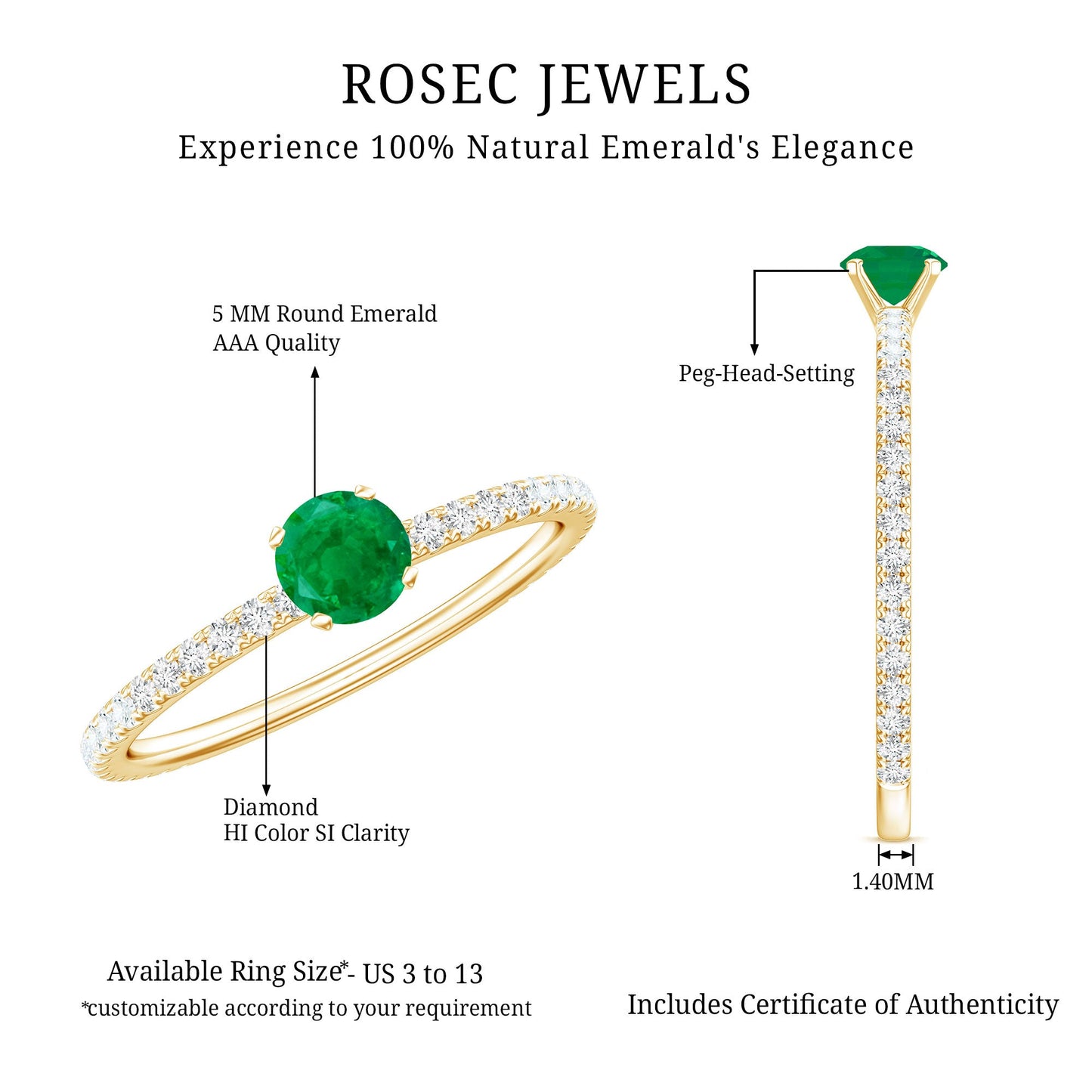 0.49 Carat Emerald Dainty Solitaire Ring with French Pave Set Diamond