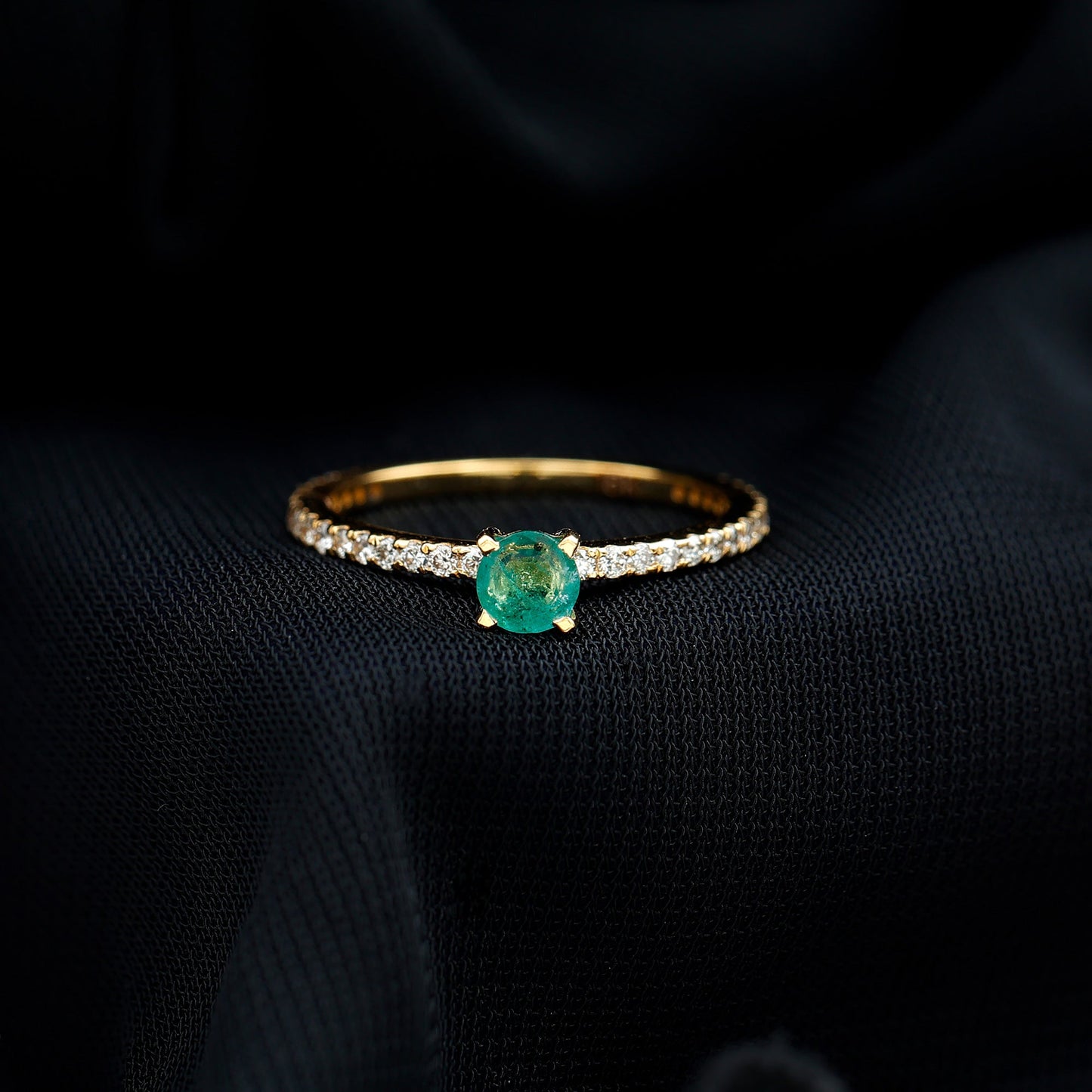 0.49 Carat Emerald Dainty Solitaire Ring with French Pave Set Diamond
