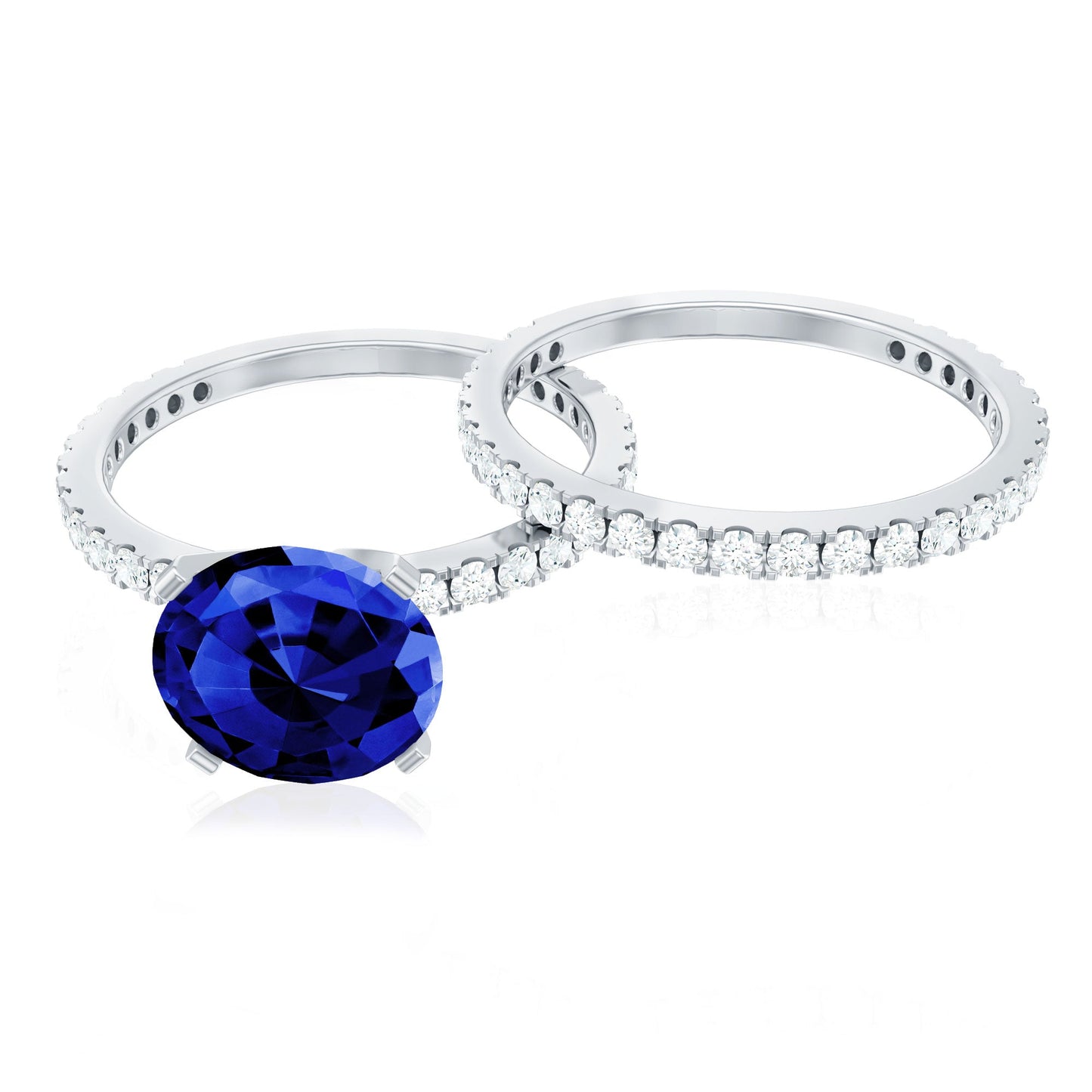 Round Lab Grown Blue Sapphire Solitaire Ring Set with Diamond