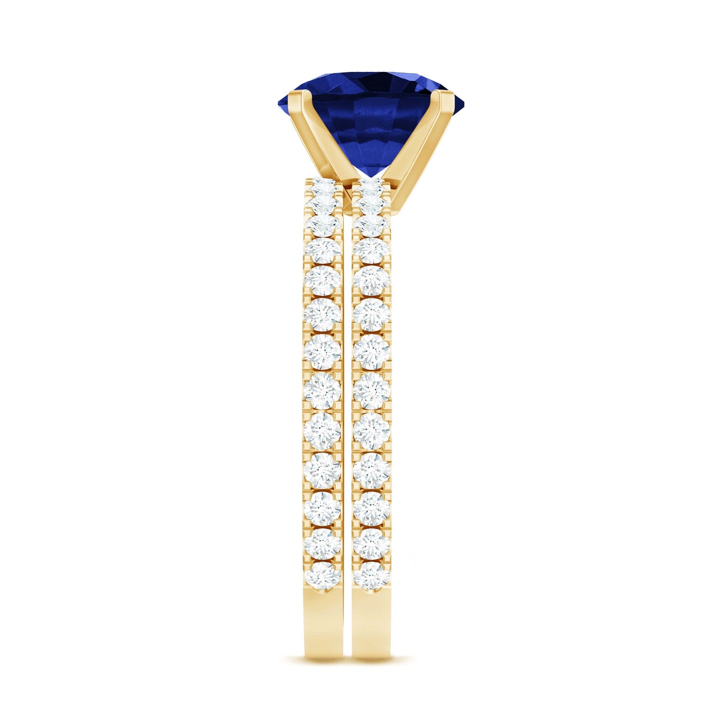 Round Lab Grown Blue Sapphire Solitaire Ring Set with Diamond