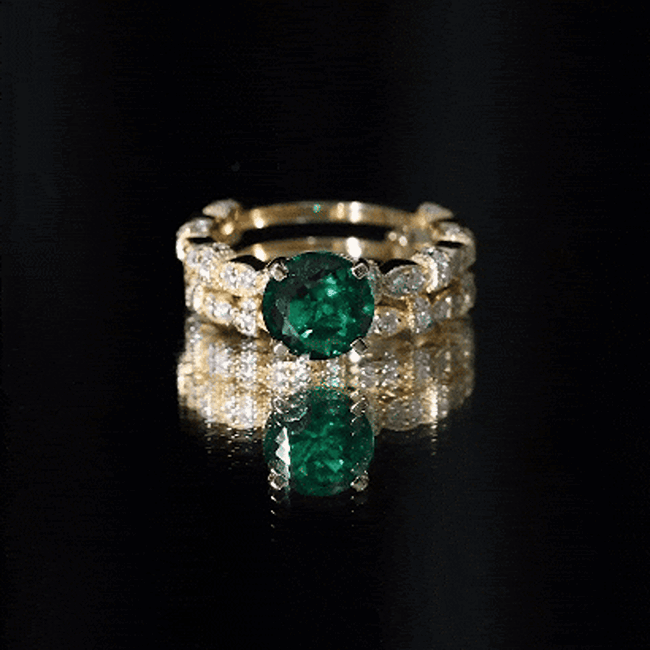 2 Carat Round Lab Created Emerald and Moissanite Vintage Inspired Ring Set