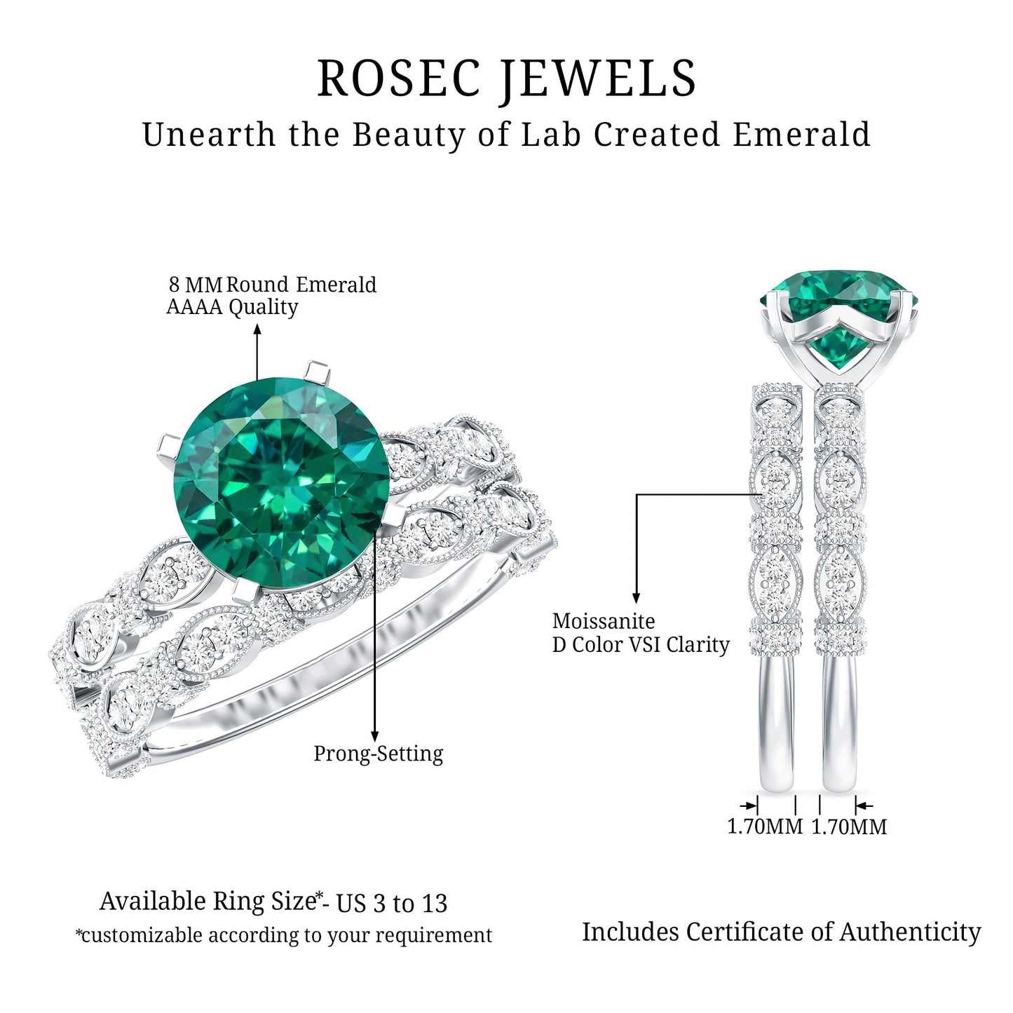 2 Carat Round Lab Created Emerald and Moissanite Vintage Inspired Ring Set
