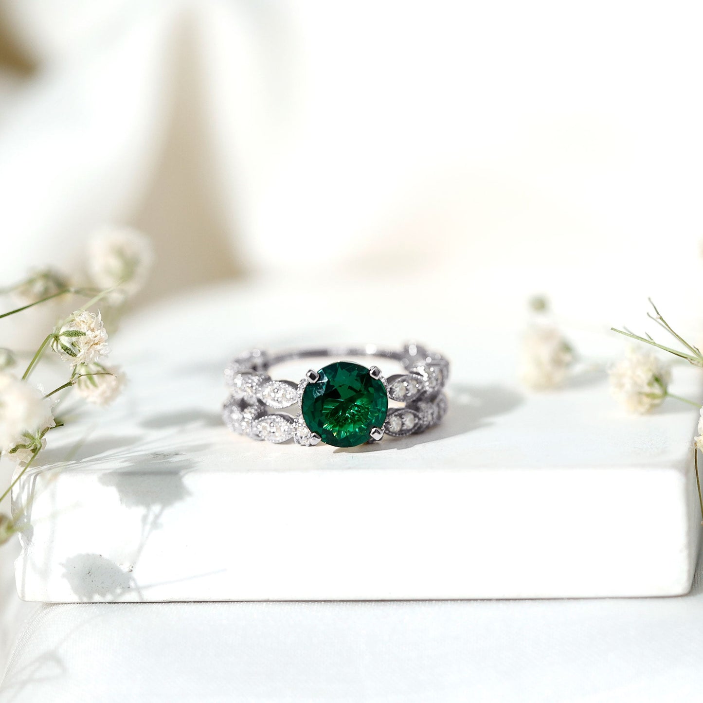 2 Carat Round Lab Created Emerald and Moissanite Vintage Inspired Ring Set