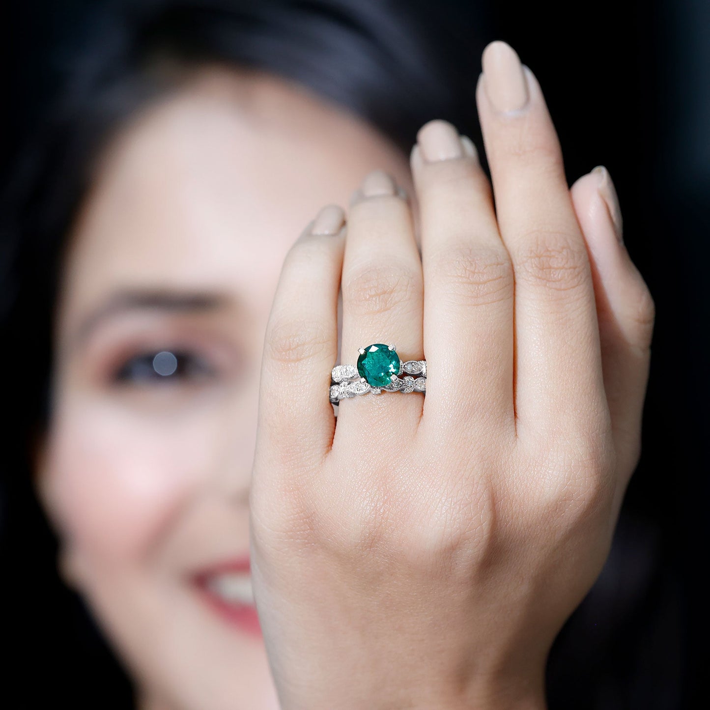 2 Carat Round Lab Created Emerald and Moissanite Vintage Inspired Ring Set