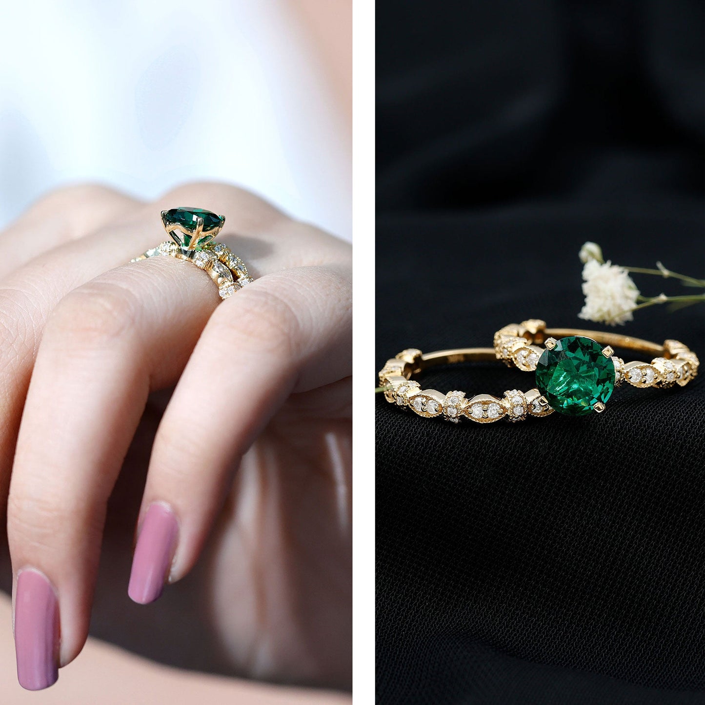2 Carat Round Lab Created Emerald and Moissanite Vintage Inspired Ring Set