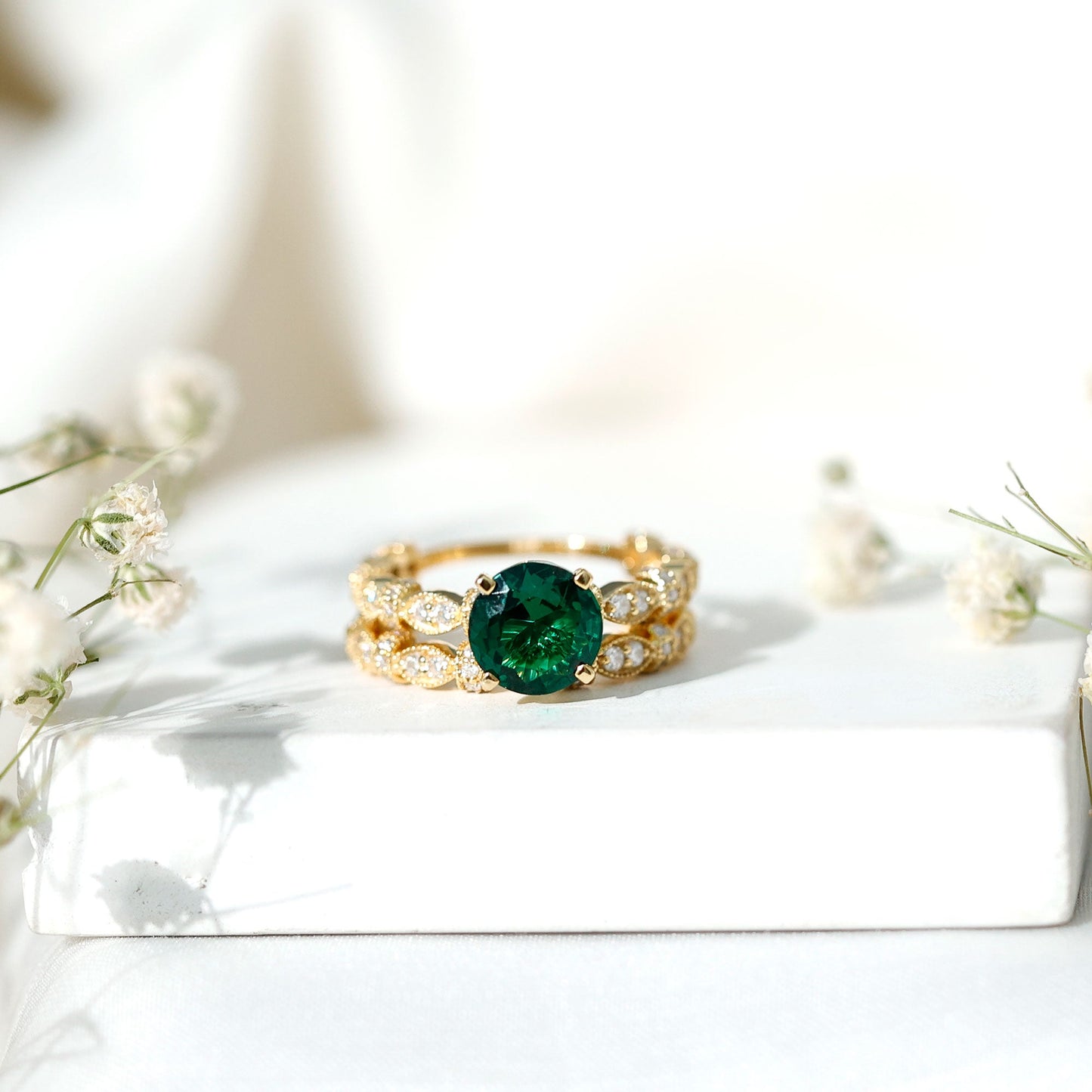 2 Carat Round Lab Created Emerald and Moissanite Vintage Inspired Ring Set