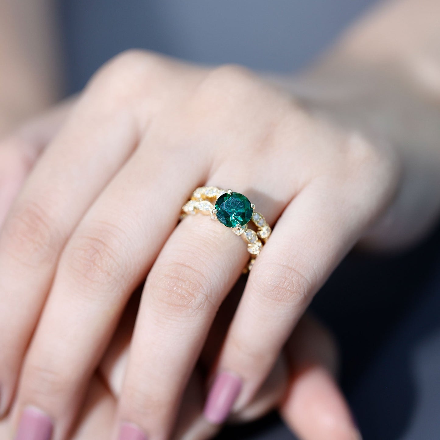 2 Carat Round Lab Created Emerald and Moissanite Vintage Inspired Ring Set
