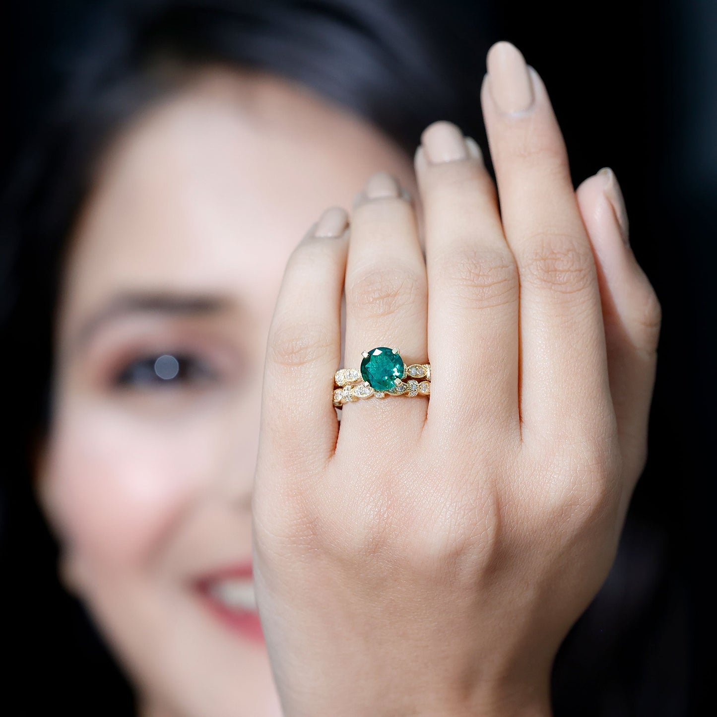 2 Carat Round Lab Created Emerald and Moissanite Vintage Inspired Ring Set