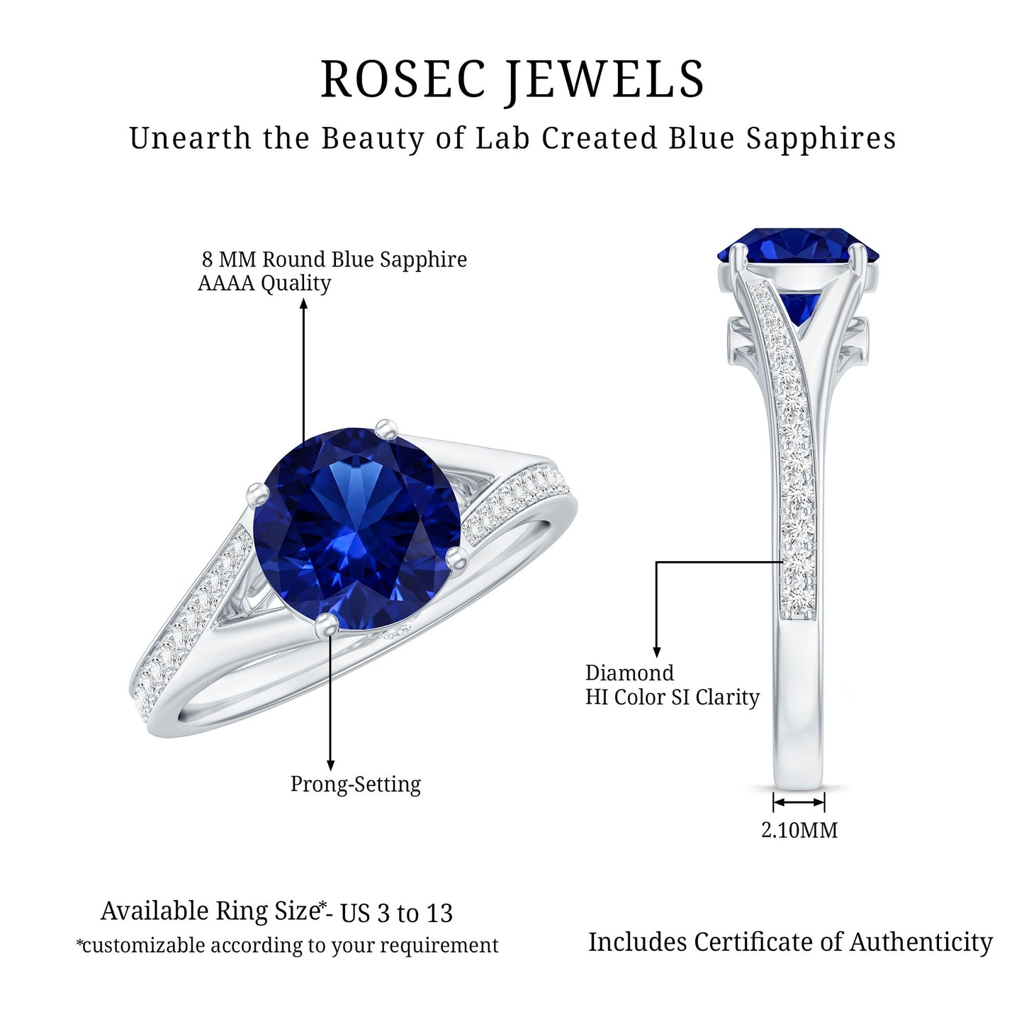 2.7 Carat Round Lab Grown Blue Sapphire Engagement Ring with Diamond Split Shank
