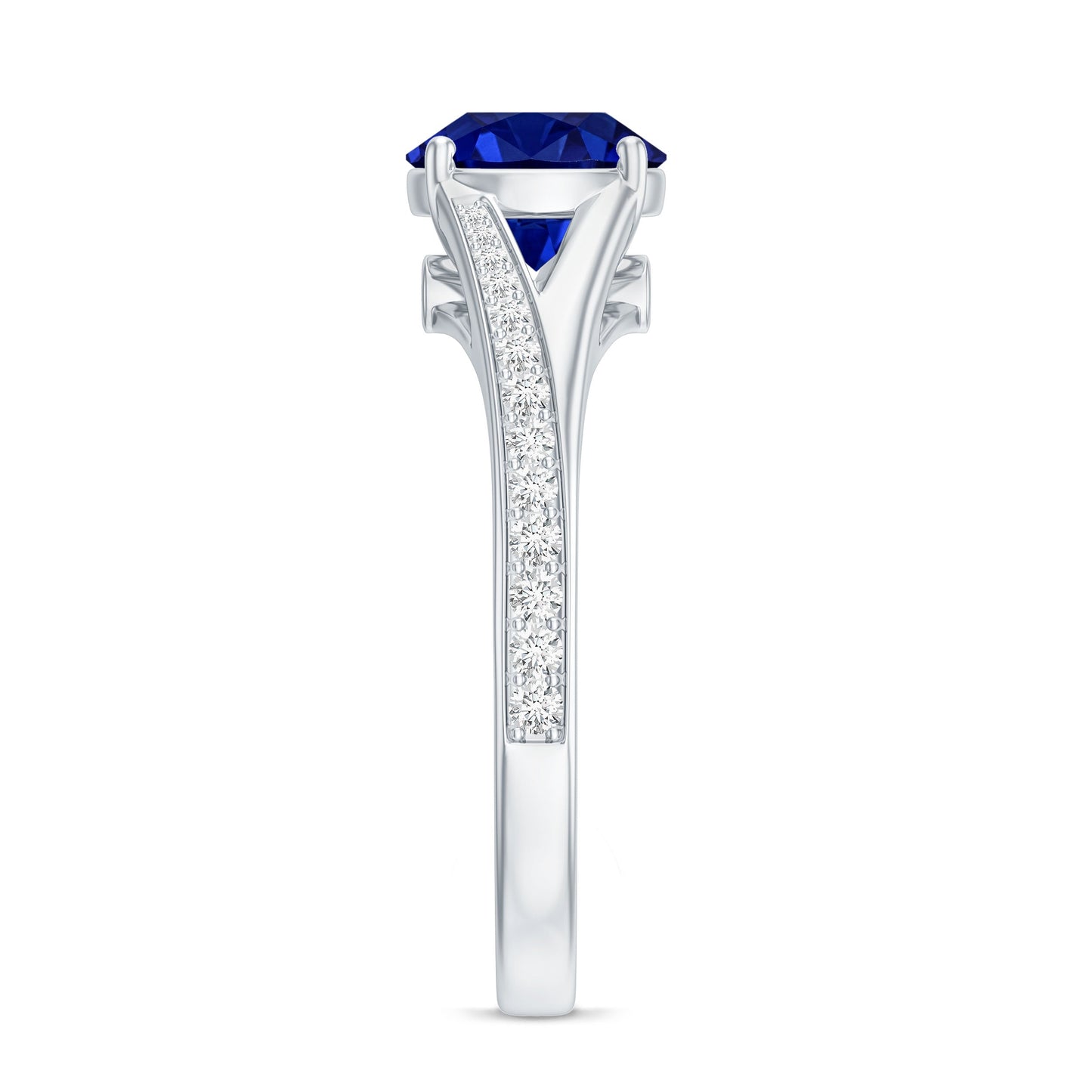 2.7 Carat Round Lab Grown Blue Sapphire Engagement Ring with Diamond Split Shank