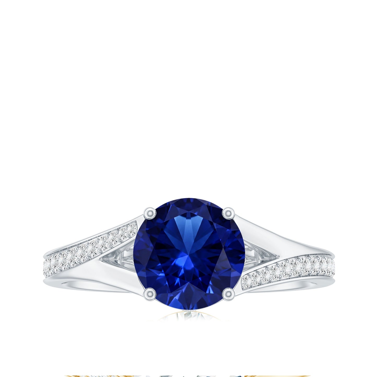 2.7 Carat Round Lab Grown Blue Sapphire Engagement Ring with Diamond Split Shank
