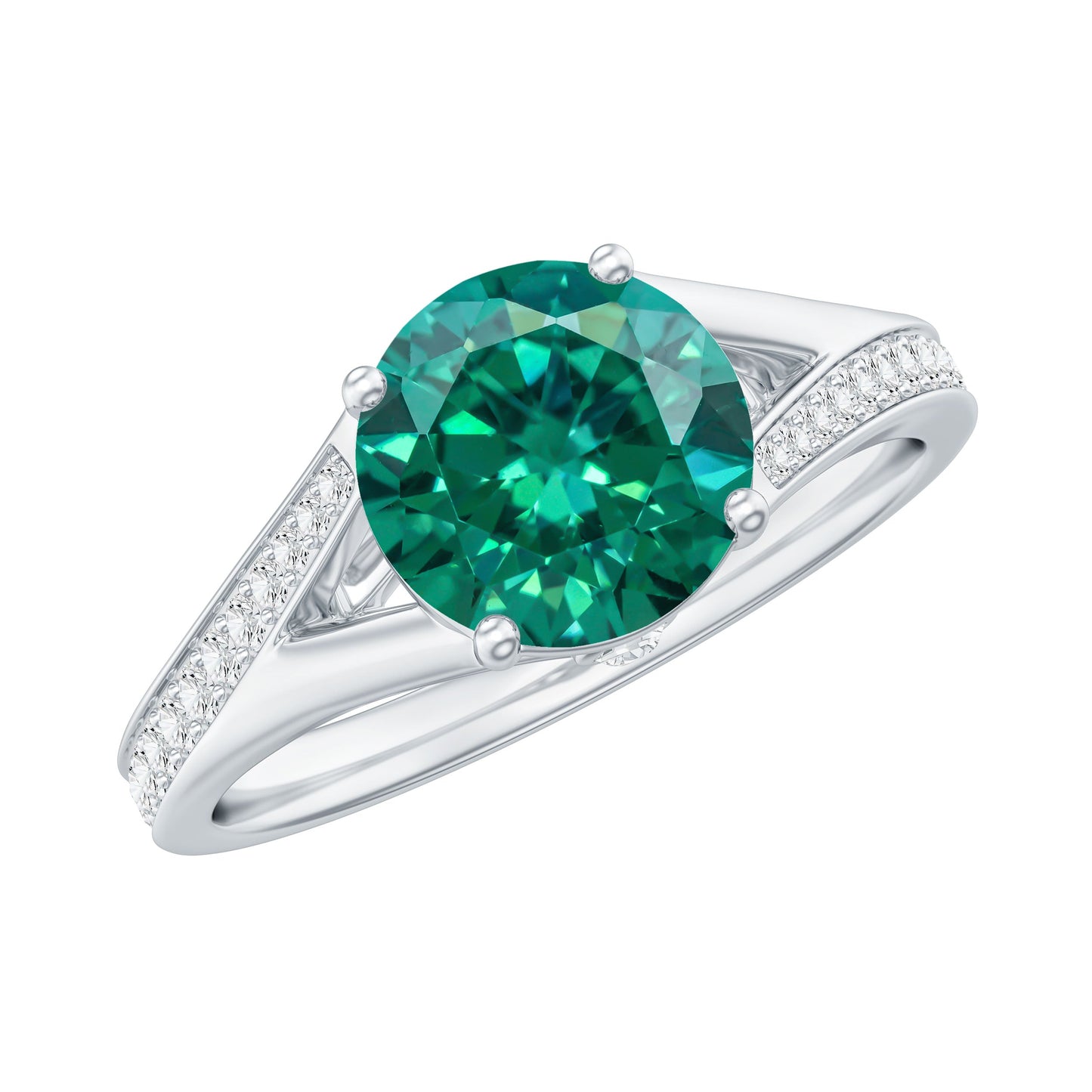 Certified 2 Carat Lab Grown Emerald Split Shank Engagement Ring with Diamond