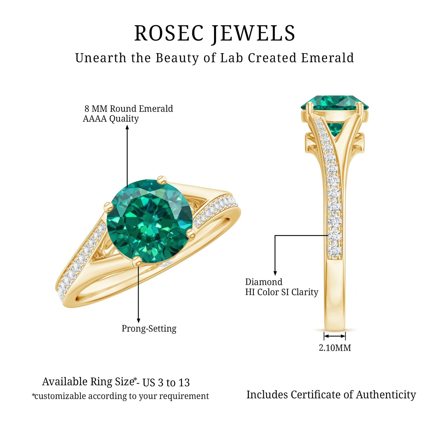 Certified 2 Carat Lab Grown Emerald Split Shank Engagement Ring with Diamond