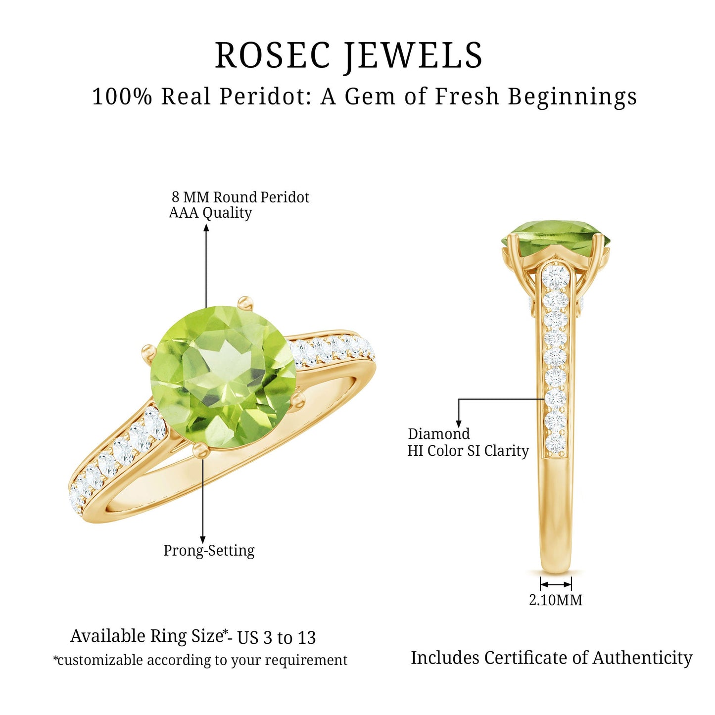Natural 2 Carat Round Peridot Engagement Ring with Diamond