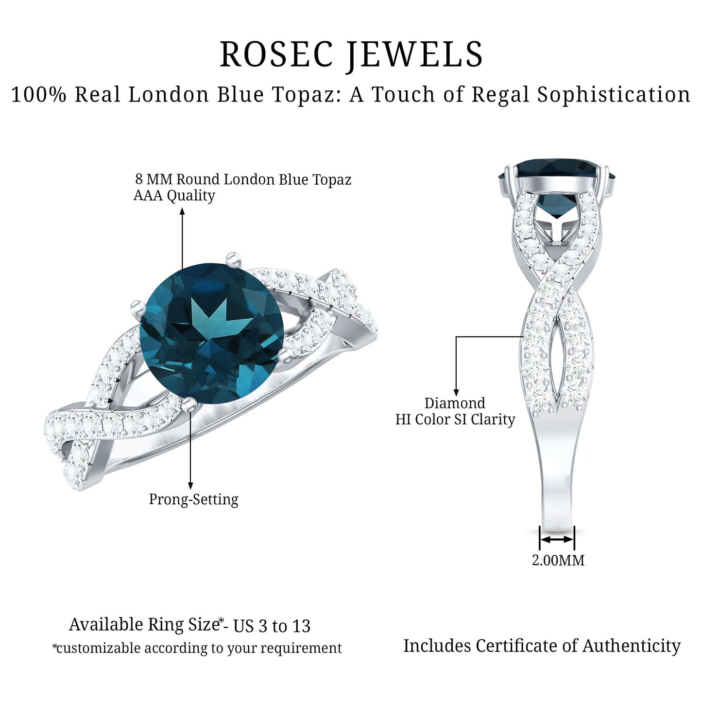 Real London Blue Topaz Crossover Engagement Ring with Diamond
