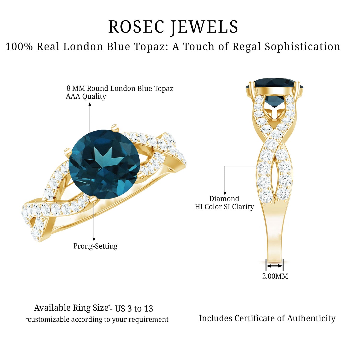 Real London Blue Topaz Crossover Engagement Ring with Diamond