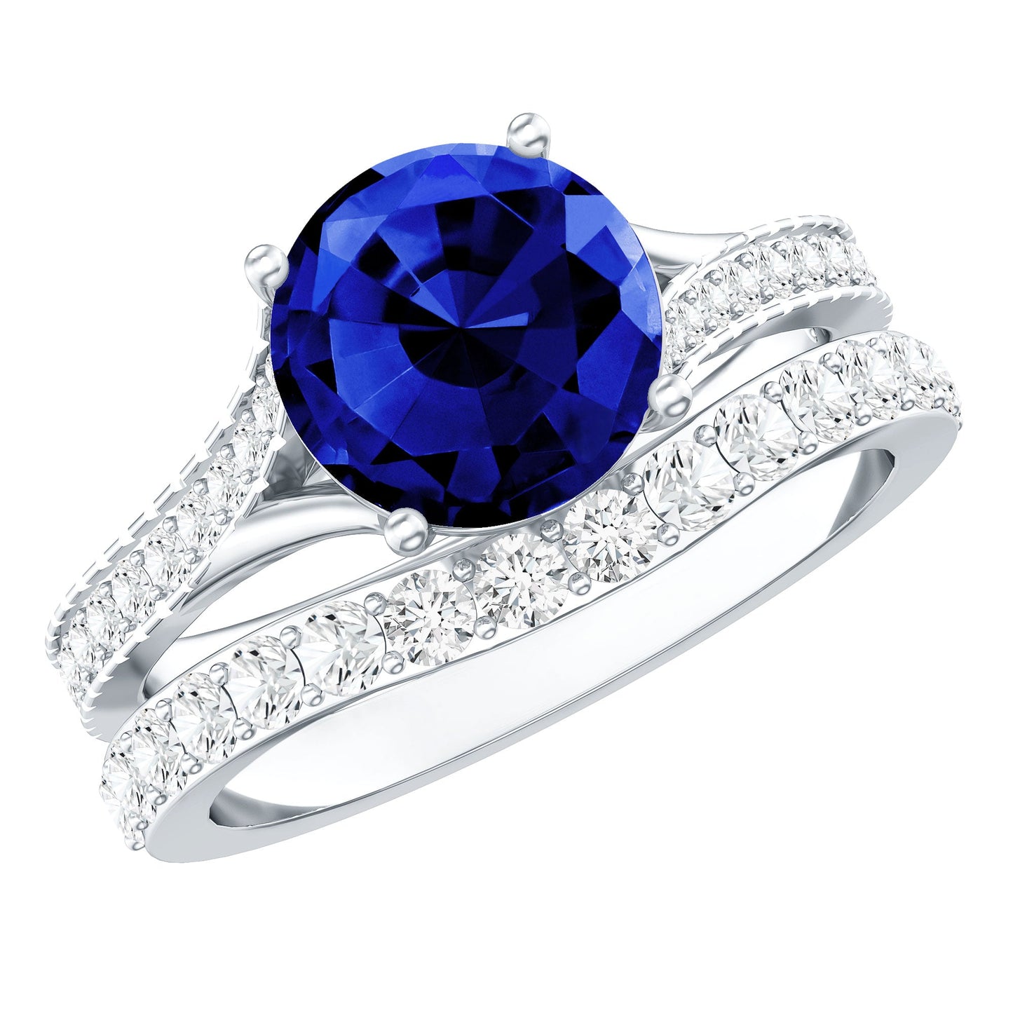 Certified 2.7 Carat Lab Grown Blue Sapphire Engagement Wedding Ring Set with Moissanite