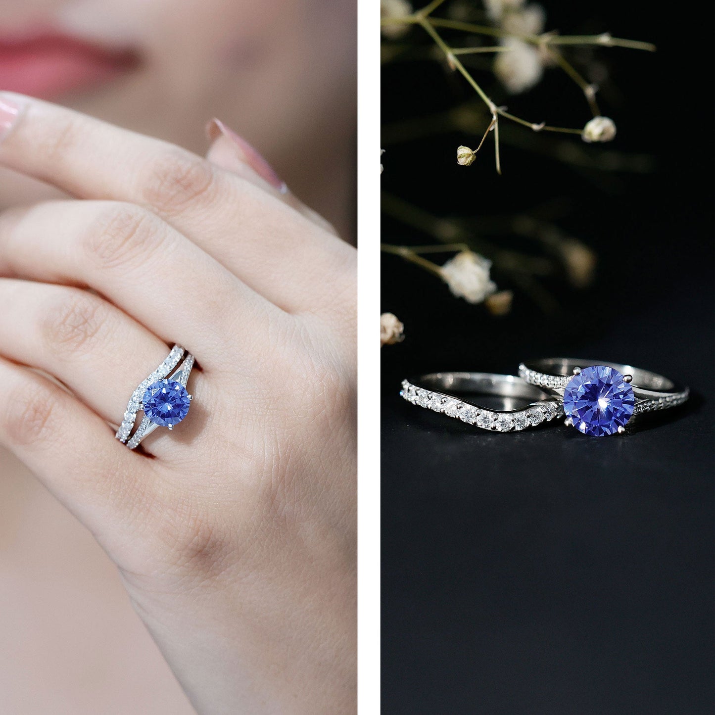 Certified 2.7 Carat Lab Grown Blue Sapphire Engagement Wedding Ring Set with Moissanite
