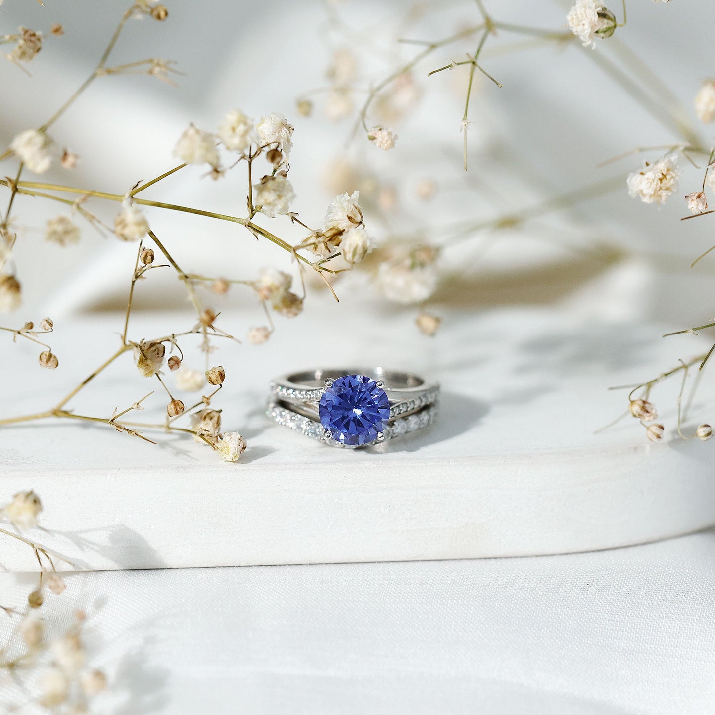 Certified 2.7 Carat Lab Grown Blue Sapphire Engagement Wedding Ring Set with Moissanite