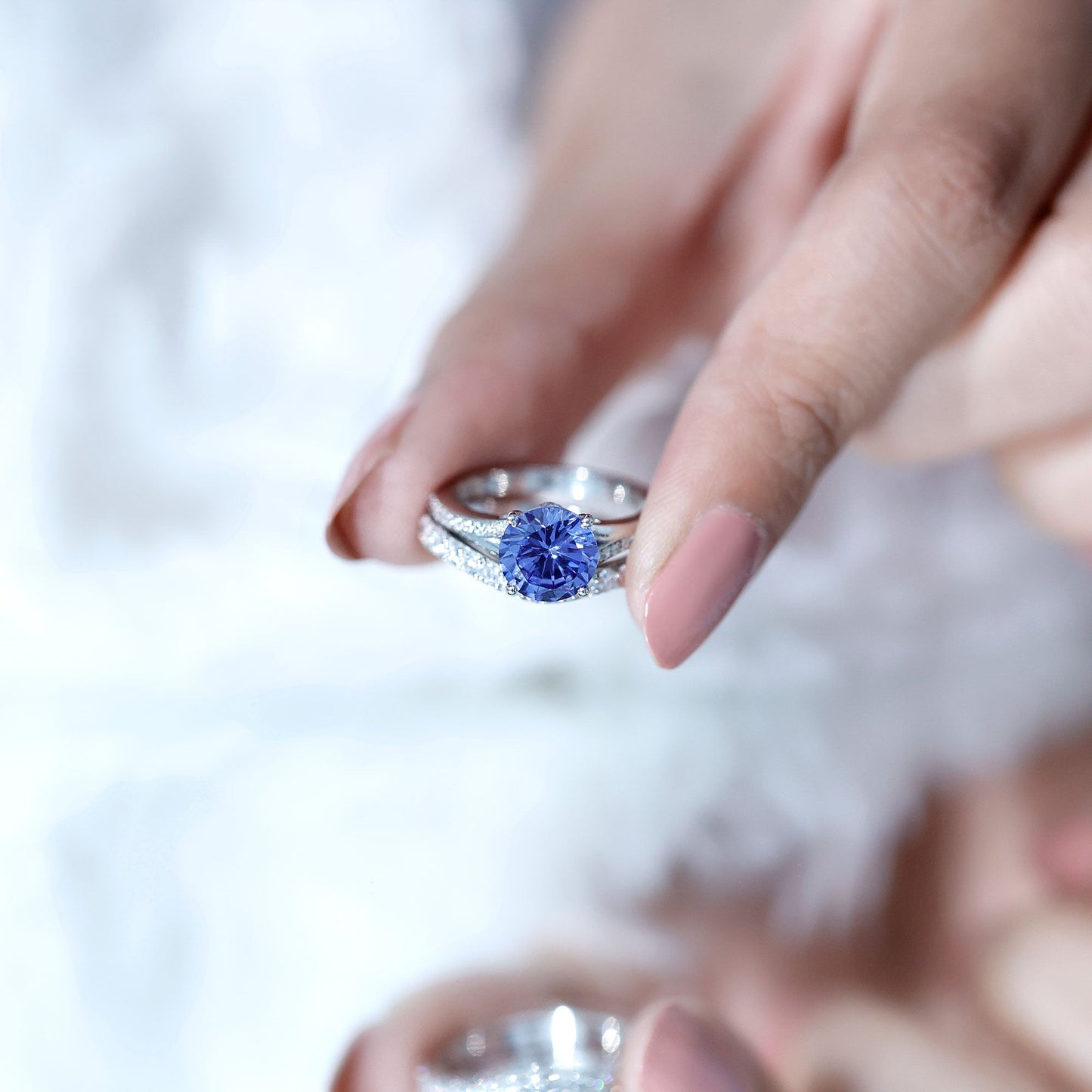 Certified 2.7 Carat Lab Grown Blue Sapphire Engagement Wedding Ring Set with Moissanite