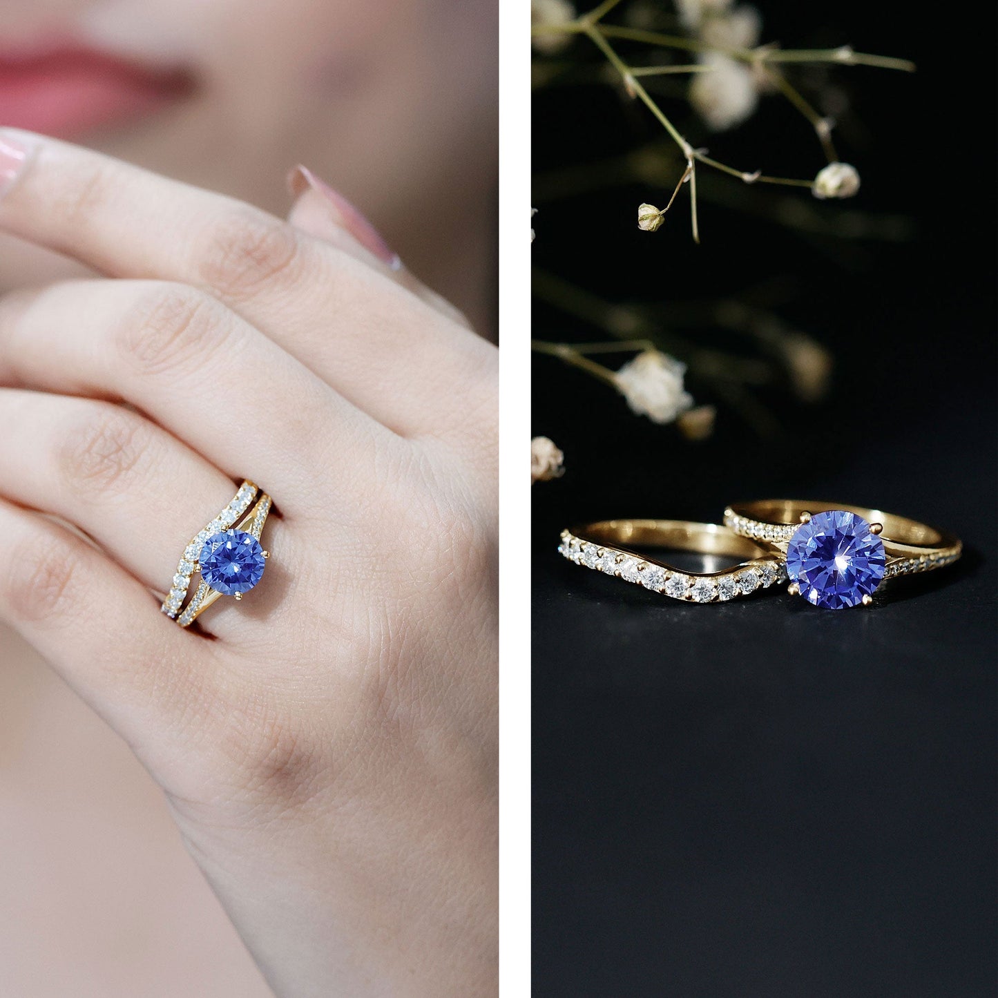 Certified 2.7 Carat Lab Grown Blue Sapphire Engagement Wedding Ring Set with Moissanite
