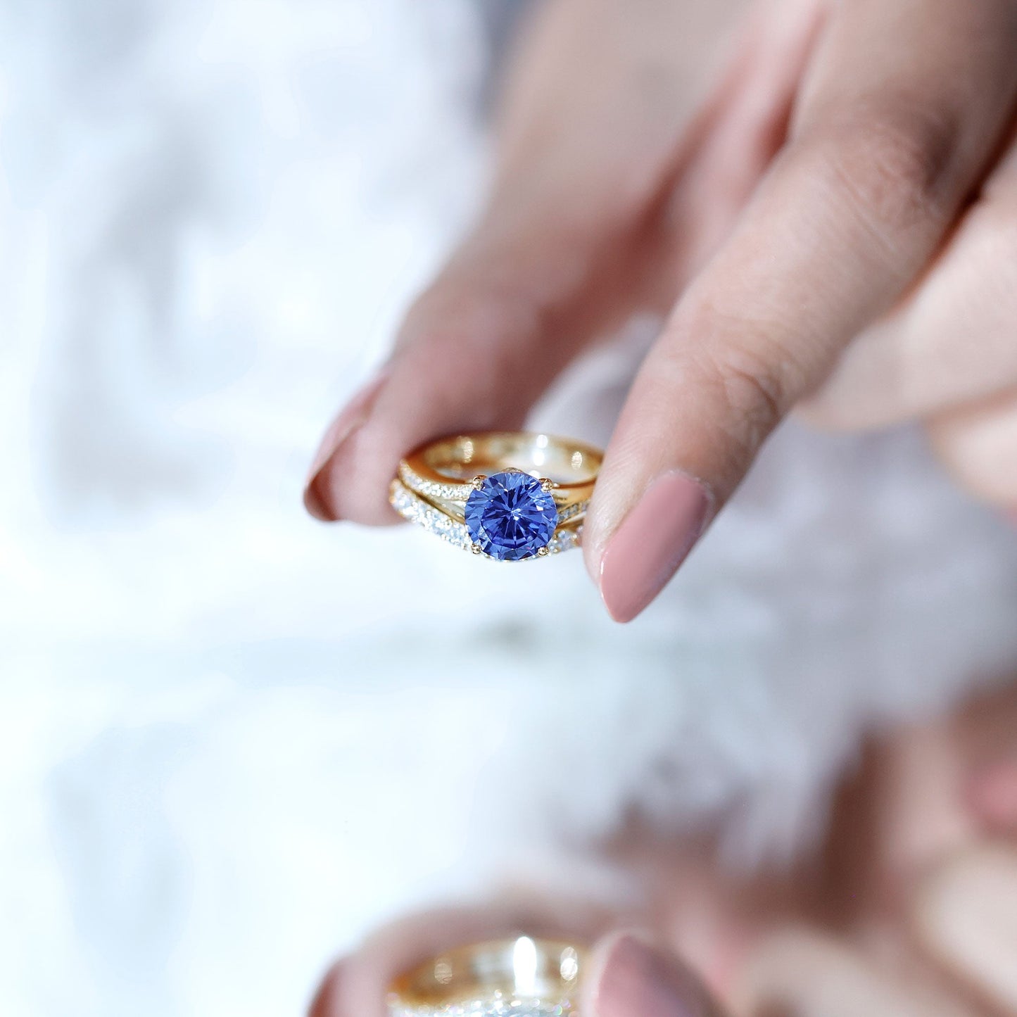 Certified 2.7 Carat Lab Grown Blue Sapphire Engagement Wedding Ring Set with Moissanite