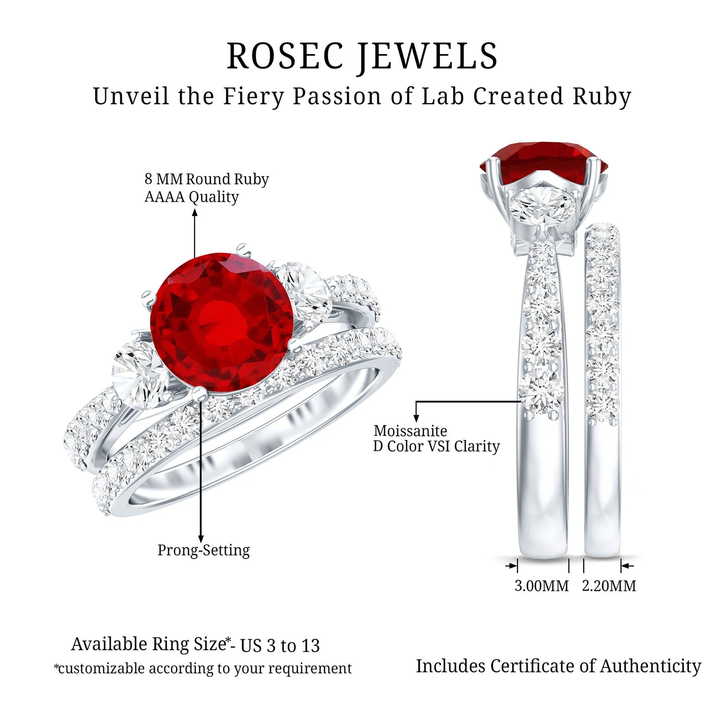 2.3 Carat Lab Created Ruby Bridal Ring Set with Moissanite