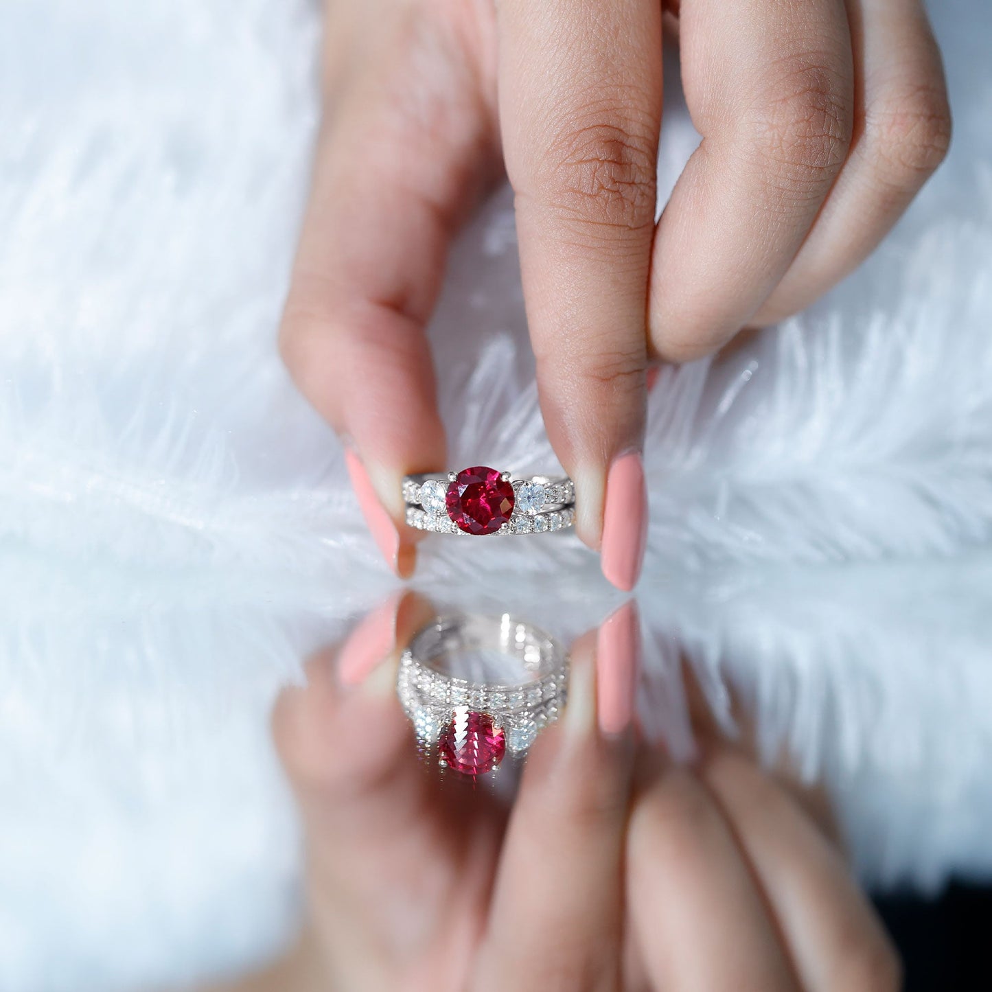 2.3 Carat Lab Created Ruby Bridal Ring Set with Moissanite
