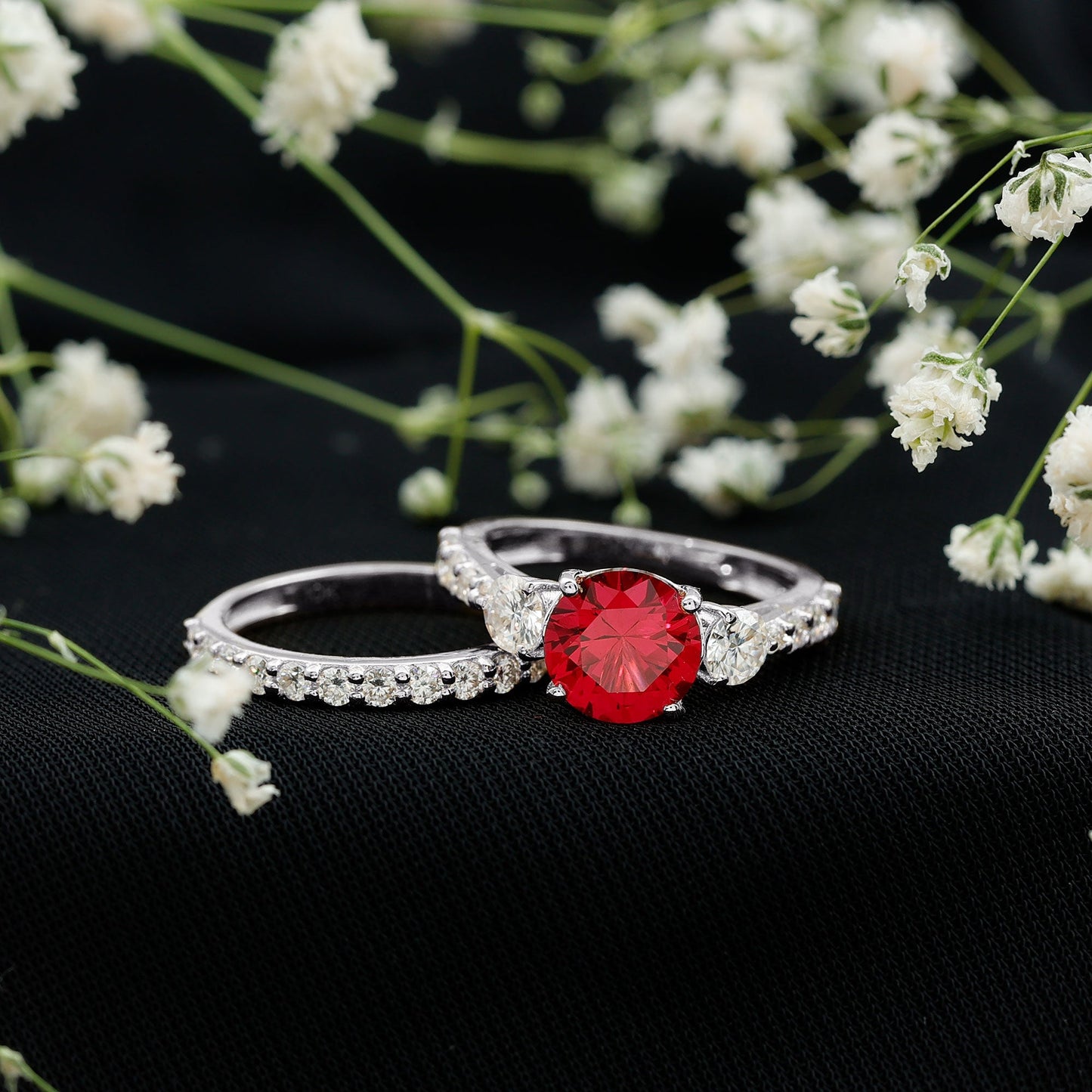 2.3 Carat Lab Created Ruby Bridal Ring Set with Moissanite