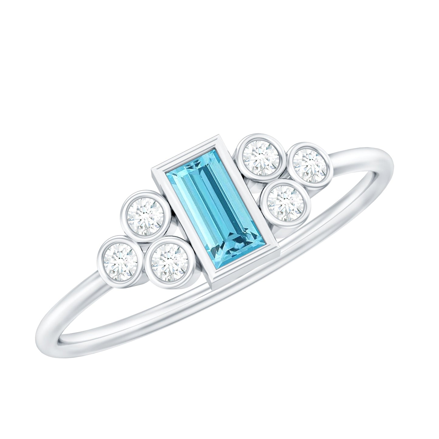 Natural Baguette Aquamarine Promise Ring with Diamond Trio
