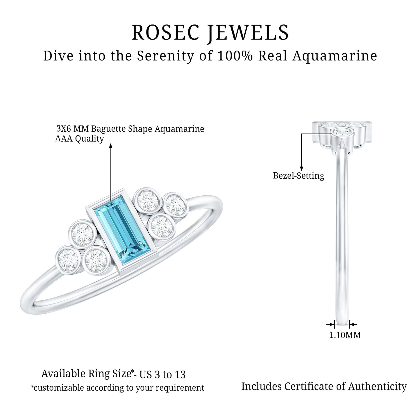 Natural Baguette Aquamarine Promise Ring with Diamond Trio
